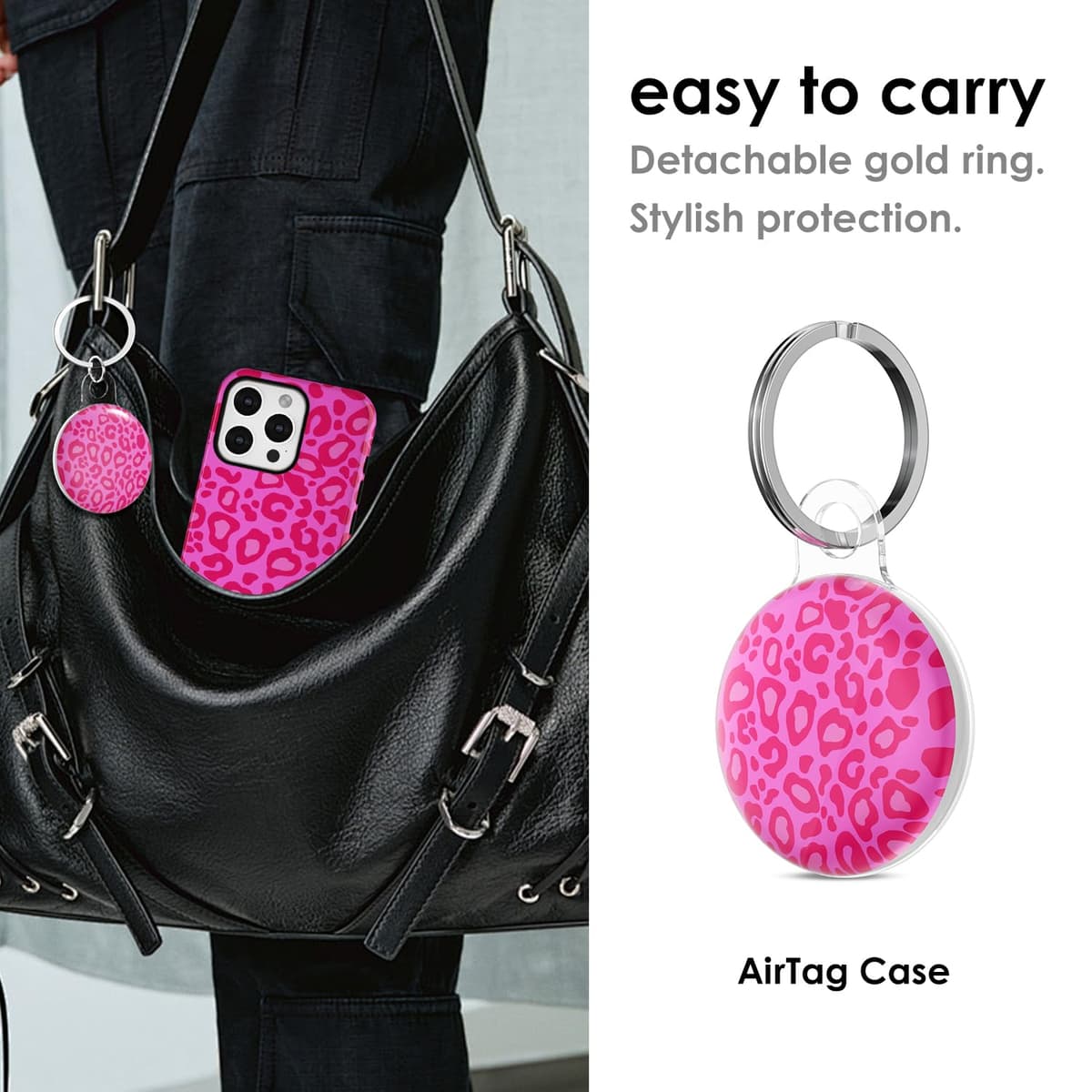 Svanove for Airtag Holder Case Cheetah Print, Leopard Pattern Airtag Keychain, Luxury Trendy Air tag Accessories, Cute Girly Aesthetic Design Itag Key Ring Cover for Women Girl Kids, Hot Pink — view 4