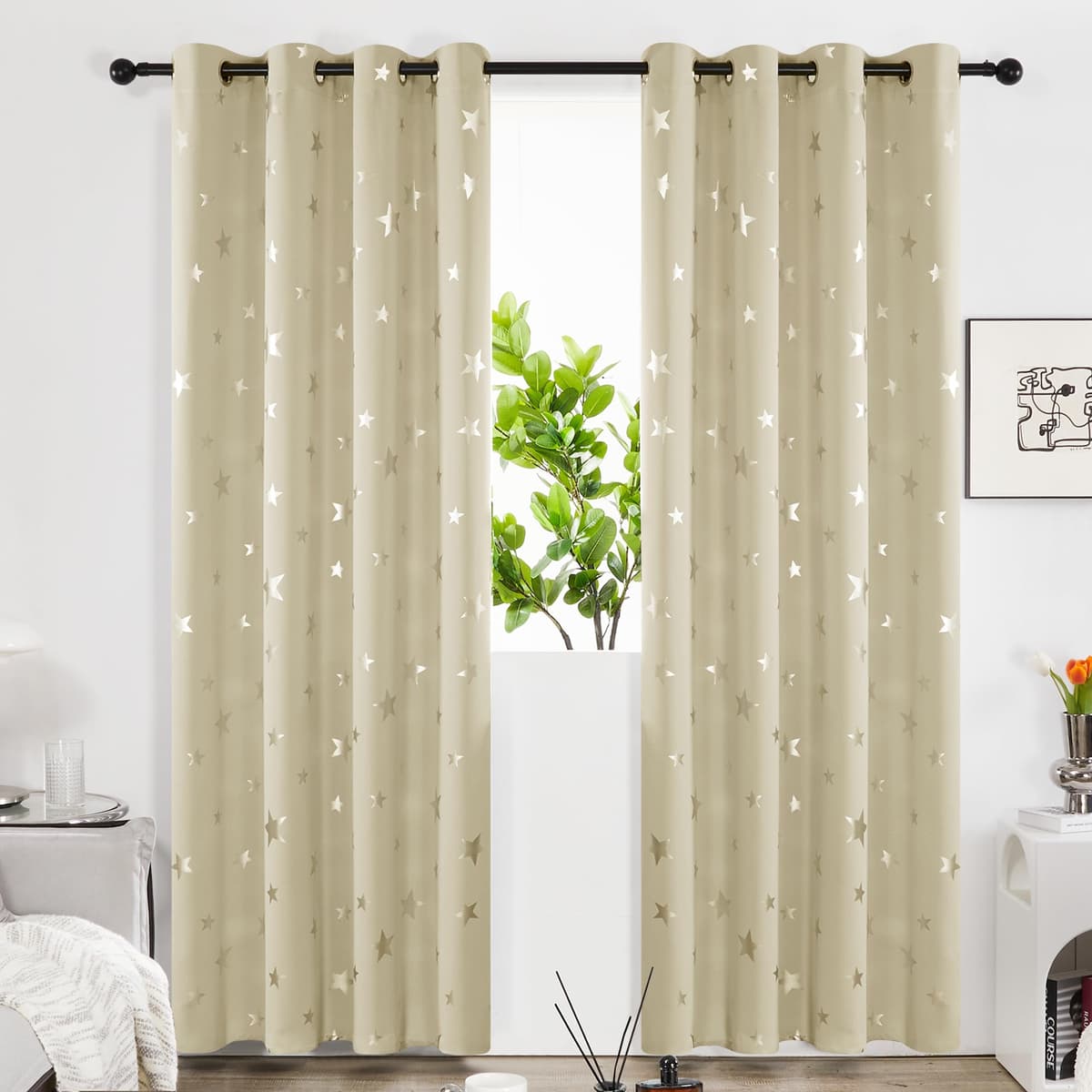 Deconovo Navy Blue Curtains for Living Room Super Soft Thermal Insulated Star Foil Printed Eyelet Blackout Curtains 46 x 54 Inch 2 Panels — view 41