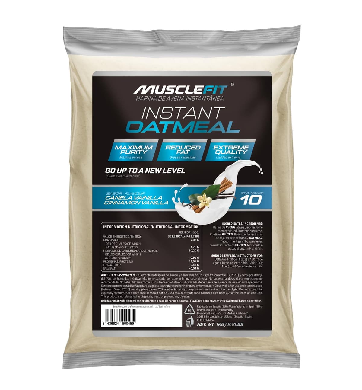 MuscleFit Harina de Avena Integral | 1kg de Avena Molida | Sabor Vainilla y Canela | Oatmeal | Bajo en grasas