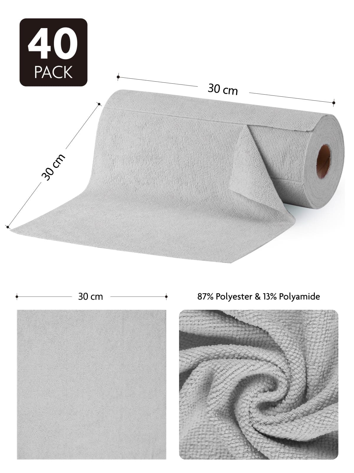 Fantasticlean Paños de Limpieza 40 Unidades, Rollo de Paño de Microfibra Rasgable, Trapos Reutilizables y Sin Pelusas 30 x 30 cm - Gris — view 2