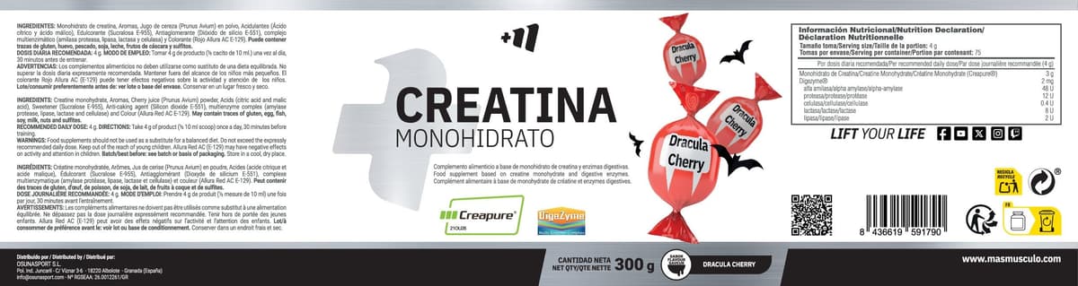 MASmusculo - Creatina Monohidratada Creapure - en Polvo - 300 g - Bote 3 Meses - Recuperador Muscular - Aumenta Masa Muscular - Sabor Dracula Cherry