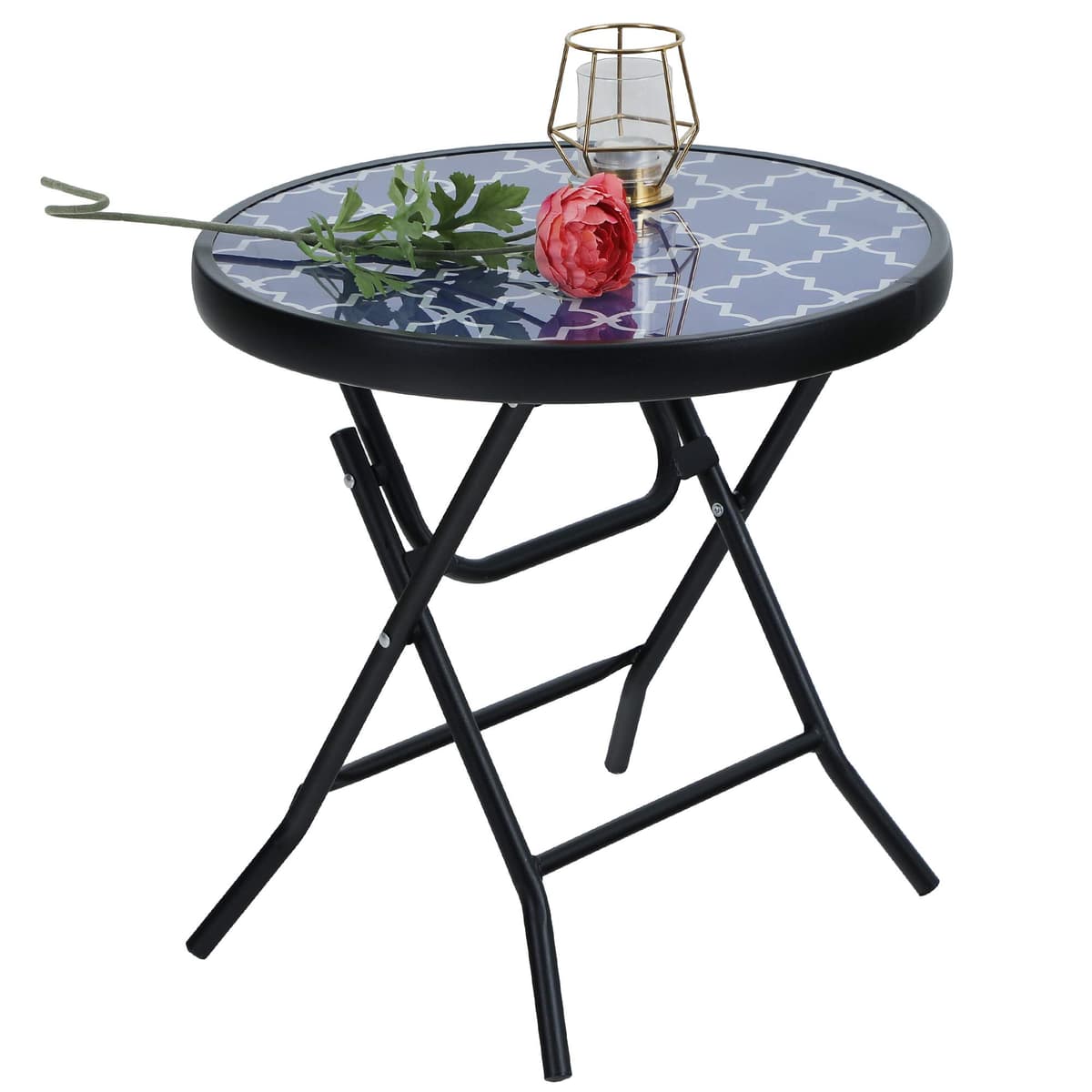PHI VILLA Folding Side Table, Foldable Coffee Table, Outdoor Garden Table, Small Round Patio Table - Black Grid — view 10