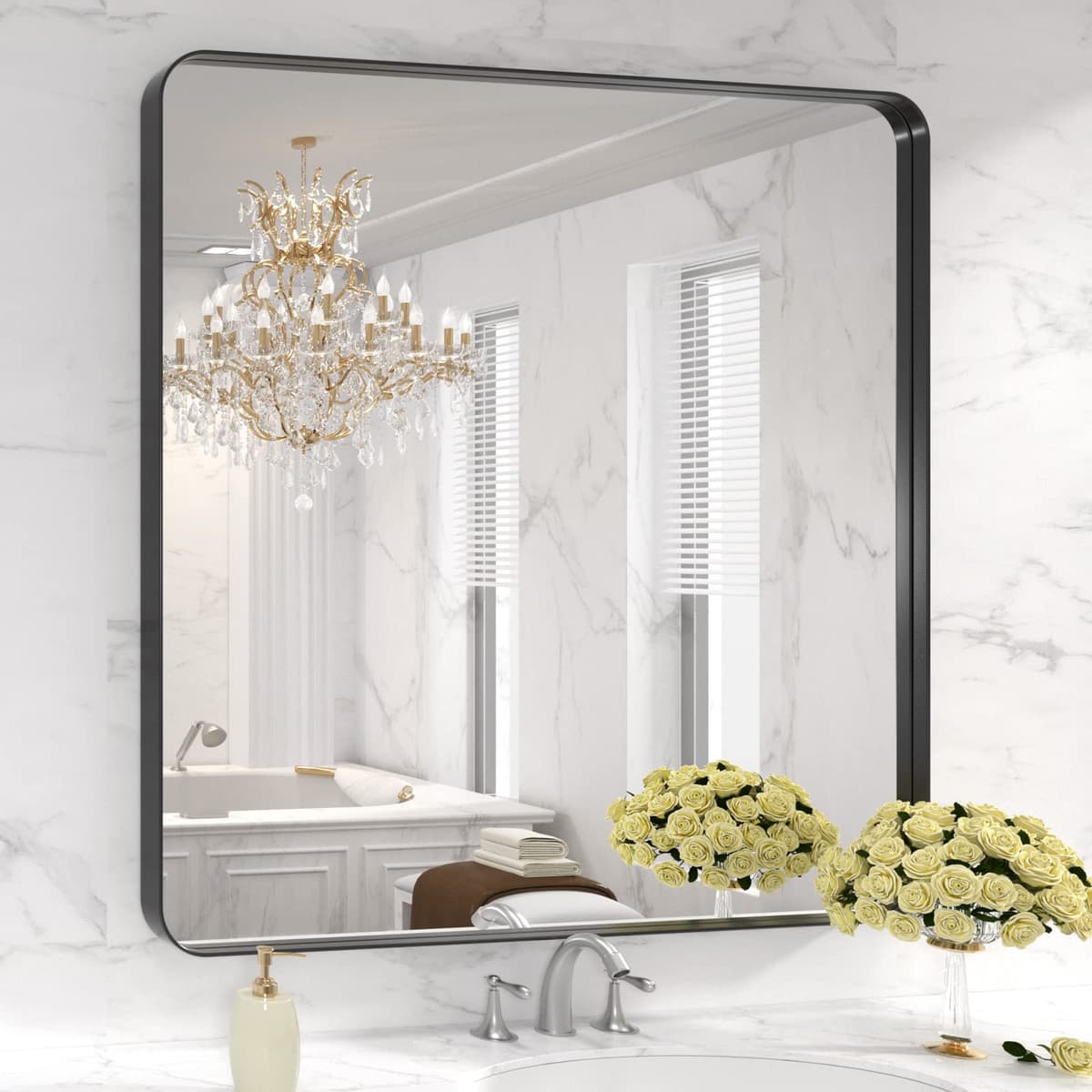 LOAAO 48”X36” Gold Bathroom Mirror, Rounded Rectangle Gold Frame Mirror, Brushed Gold Bathroom Vanity Mirror Wall-Mounted, Anti-Rust, Tempered Glass, Hangs Horizontally or Vertically — view 102