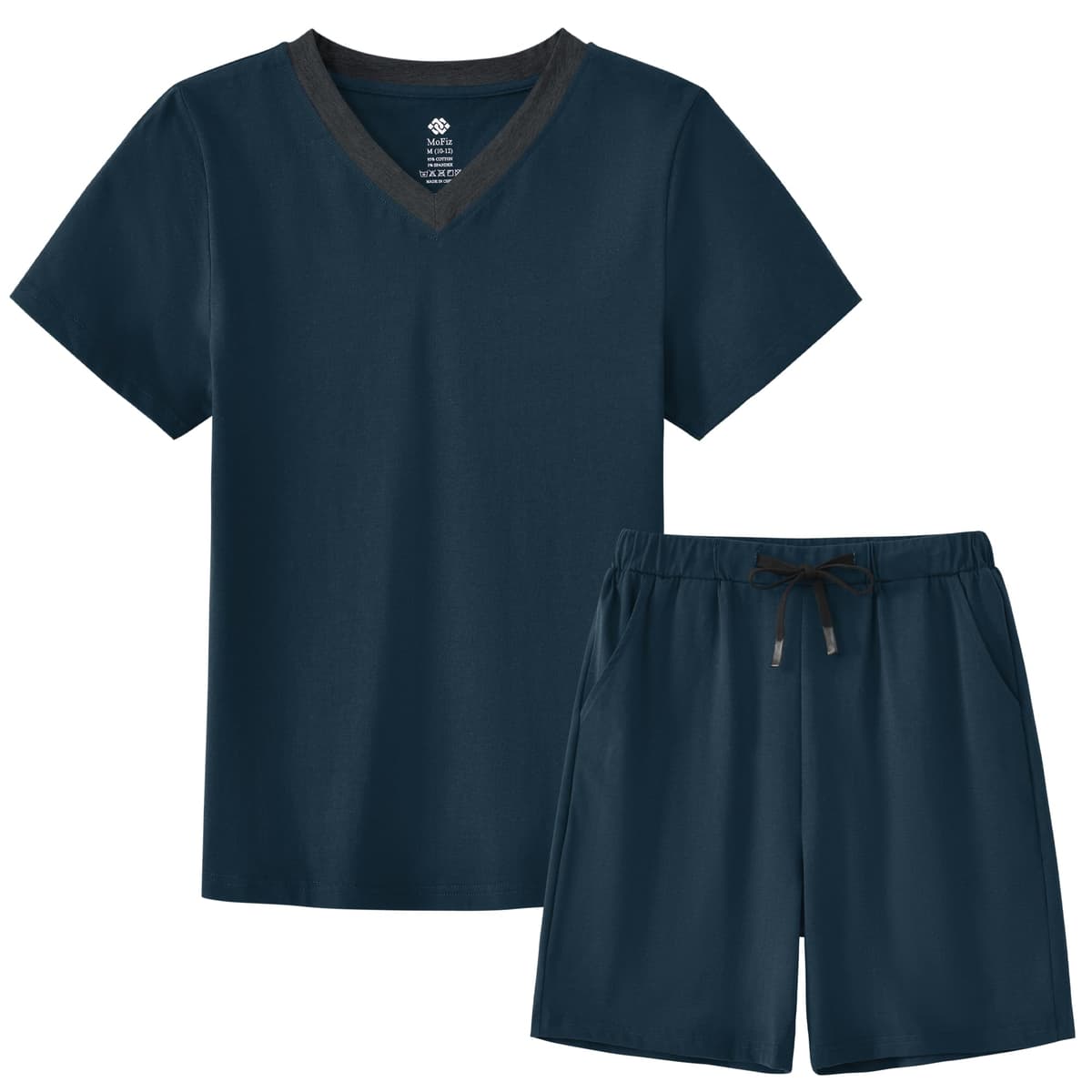 MoFiz - Pijama de niño de algodón con conjuntos de pijama corto, ropa de dormir con cuello en V, manga corta, pijama y pantalones cortos, 128 cm a 176 cm