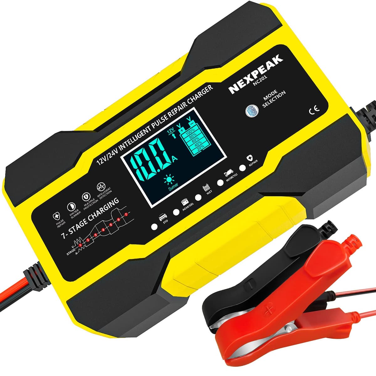 10-Amp Car Battery Charger, 12V and 24V Smart Fully Automatic Battery Charger with Temperature Compensation for Car Truck Motorcycle Marine Lead Acid Batteries — view 8