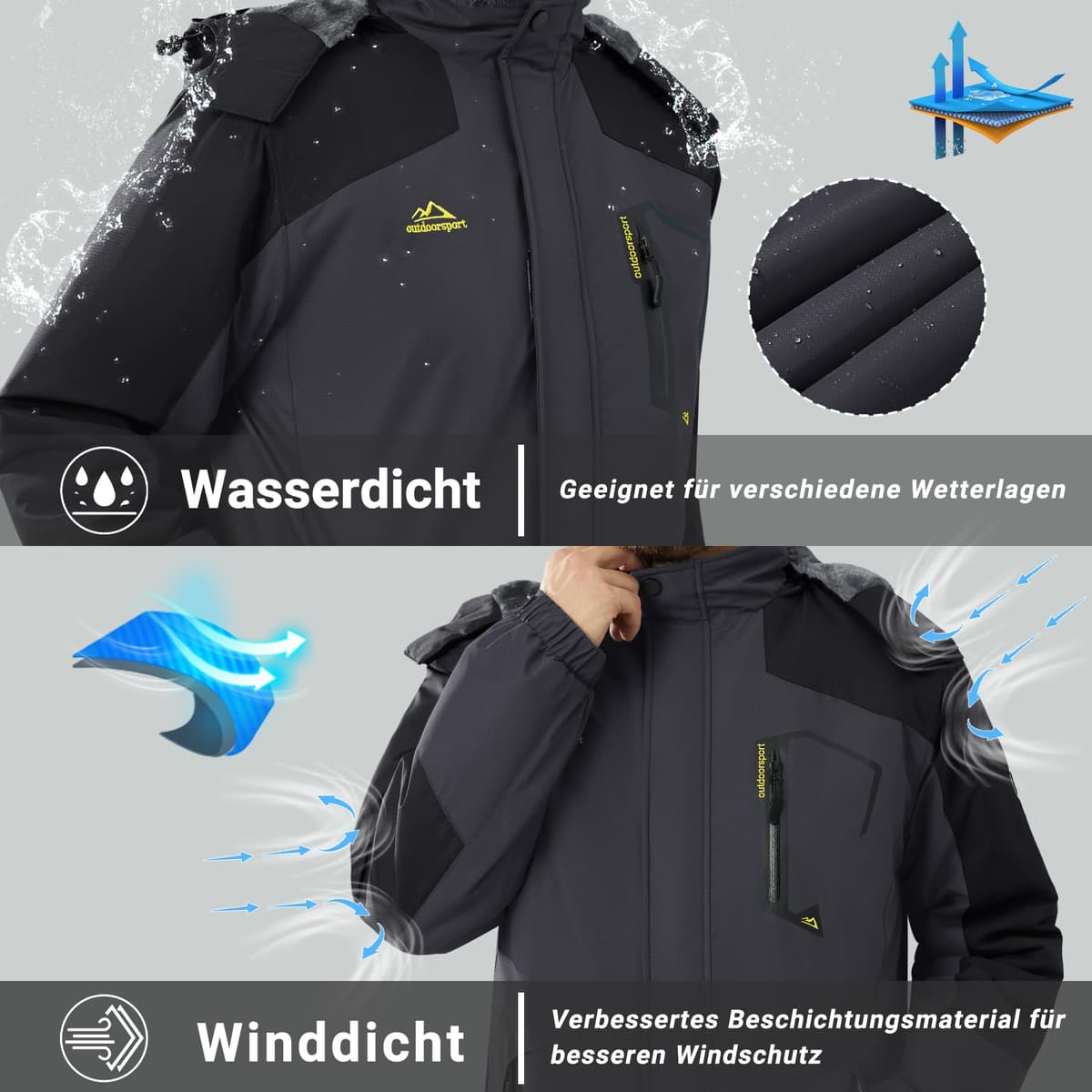 KEFITEVD Hombre Impermeables Lana Chaquetas Impermeables Esquí Cálidos Invierno Abrigos Térmicos Exteriores Abrigos con Capucha Desmontable — view 2