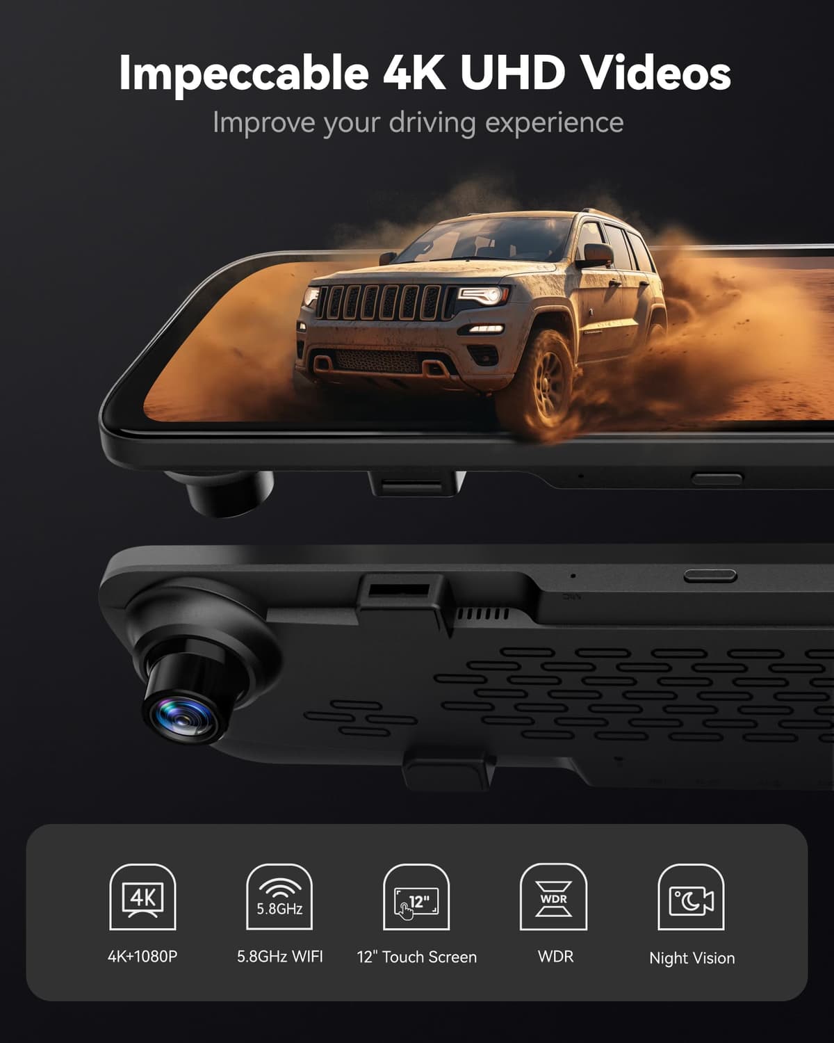 WOLFBOX G840S 12" 4K Mirror Dash Cam with 5.8GHz WiFi, 2160P Full HD Smart Rearview Mirror for Cars & Trucks, Front and Rear Dual Cameras, Night Vision, Reverse Assist, Included 32GB Card & GPS — view 2