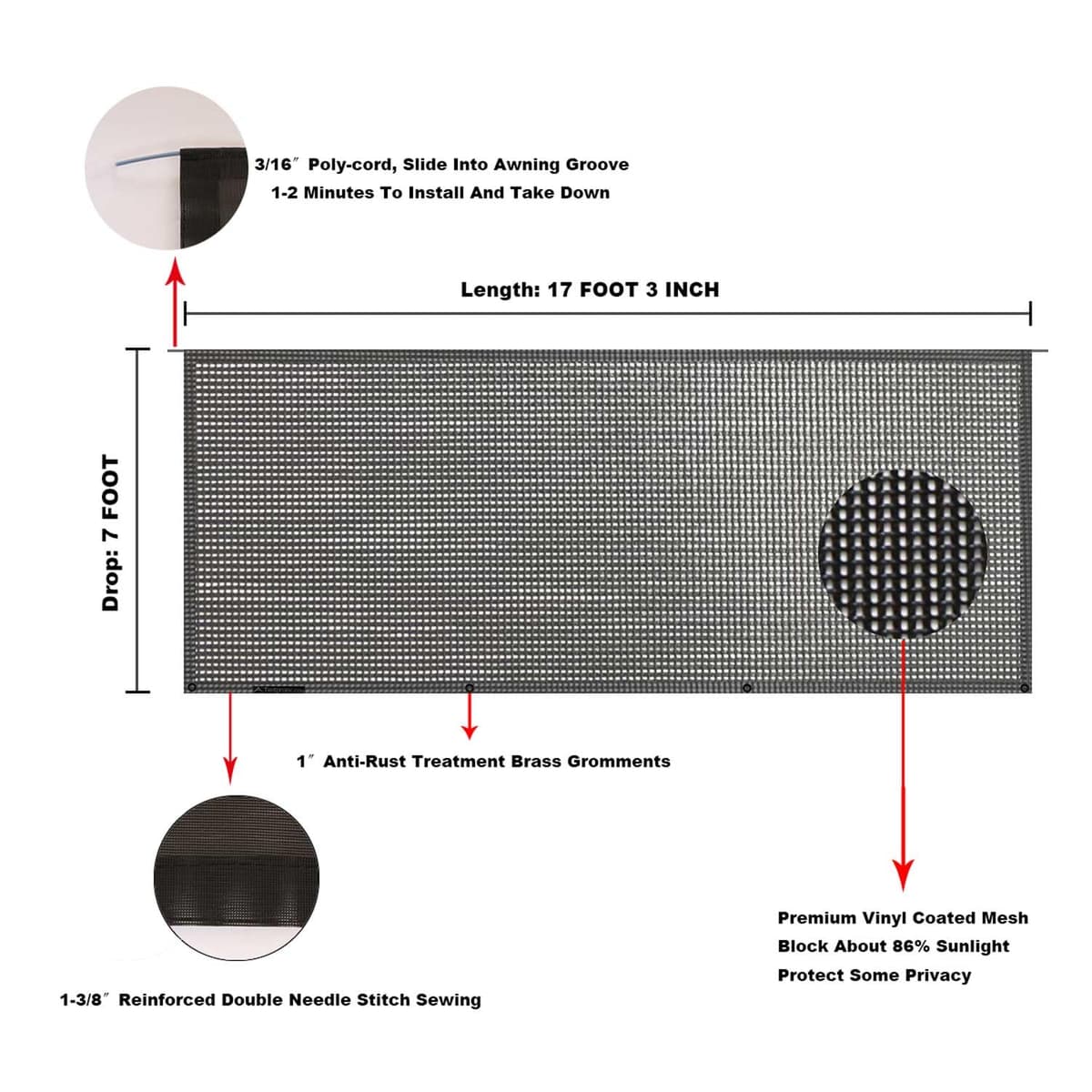 Tentproinc RV Awning Sun Shade 7' X 17' 3'' Black Mesh Screen UV Sunshade Block Complete Kits Motorhome Camping Trailer SunBlocker Tarp Canopy Shelter - 3 Year Warranty — view 5