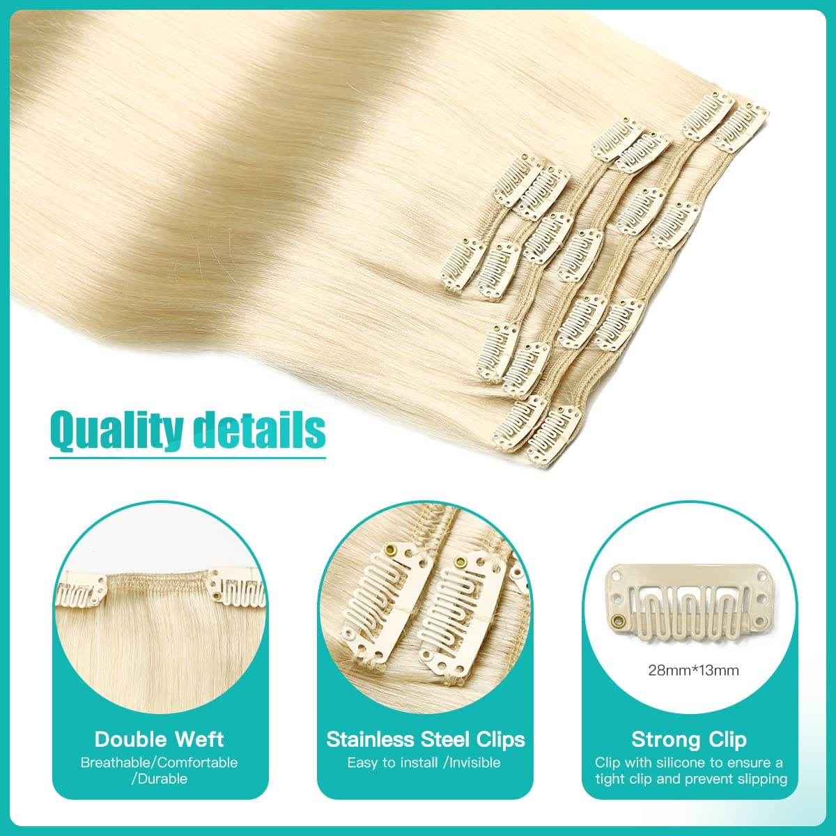 SURNEL Extensiones Clip Pelo Natural 100g 40cm 6 Piezas Rubio Platino Claro Extensiones De Clip De Humano Real Extensiones Pelo Remy Natural (C#60-40cm) — view 5