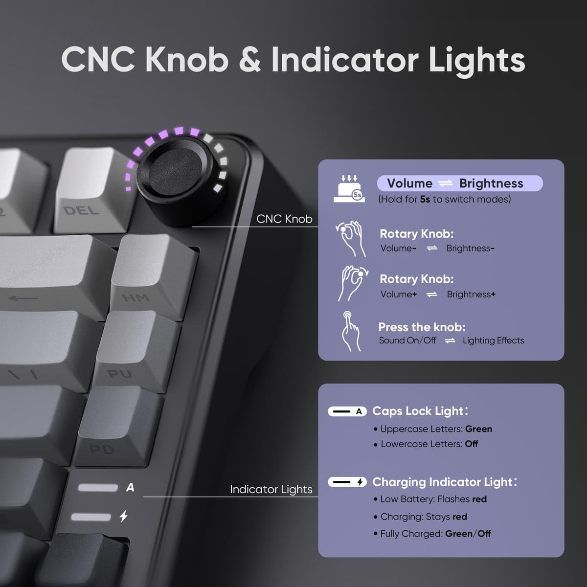 RedThunder K75 75% Wireless Mechanical Gaming Keyboard,Creamy Gasket-Mounted,Volume Knob,US Layout,Keycaps-Side Print,2.4G/BT/USB-C,RGB Underglow Lighting,Hot swappable Fast Apricot Switch for PC Mac — view 3