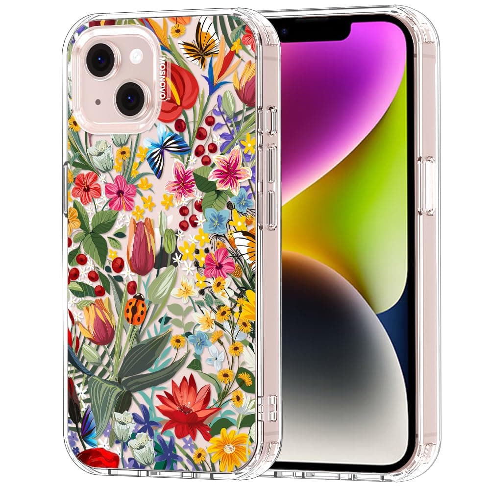 MOSNOVO Case for iPhone 13/14, [Buffertech 6.6ft Military-Grade Drop Protection] [Anti Peel Off Tech] Clear TPU Bumper Phone Case Cover Design - In The Garden
