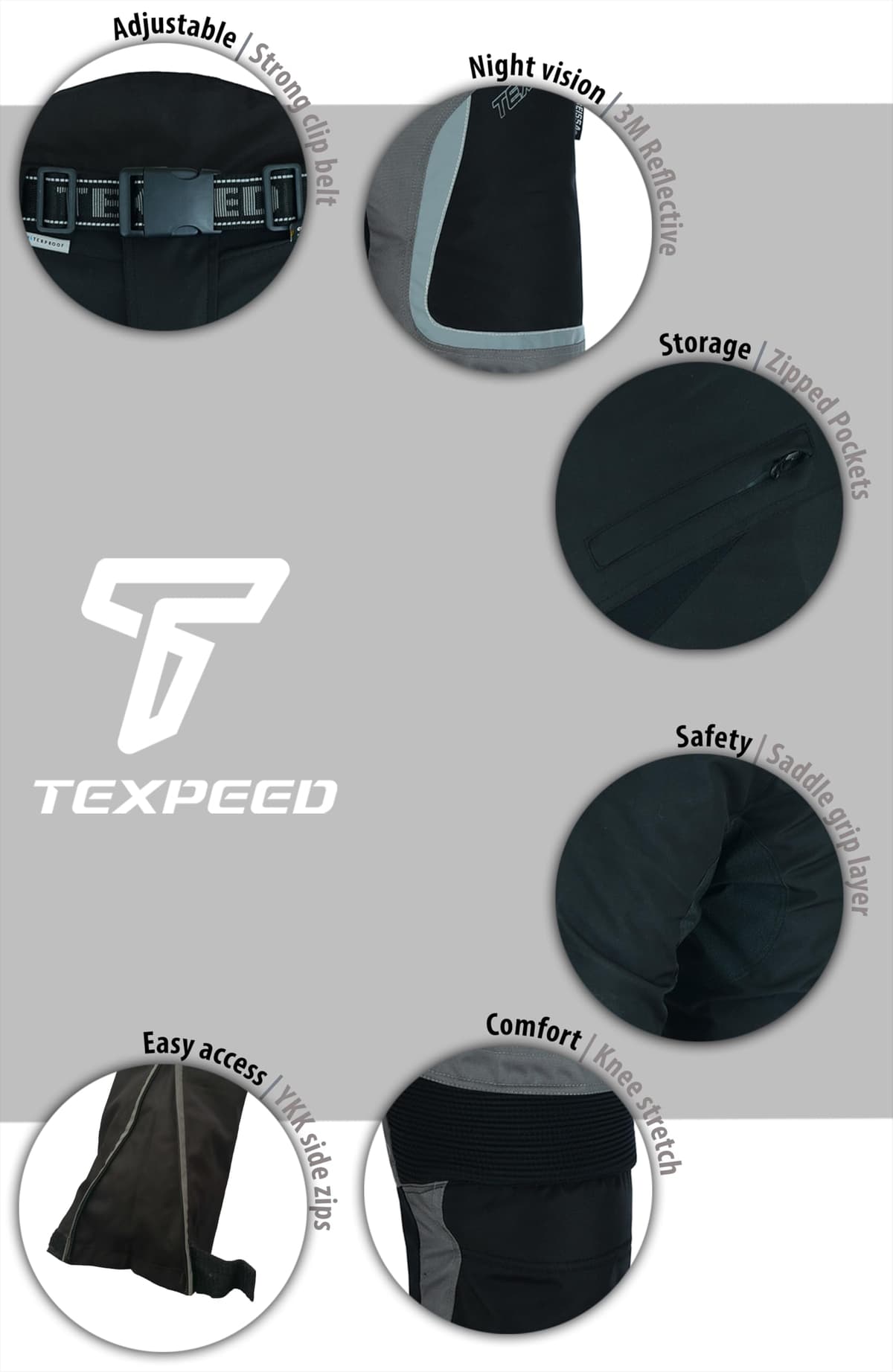 Texpeed Motorcycle Biker Trousers Mens Motorbike Waterproof Textile Cordura Pants With Protective CE Armour (EN 1621-1) Grey - 34W / 30L — view 5