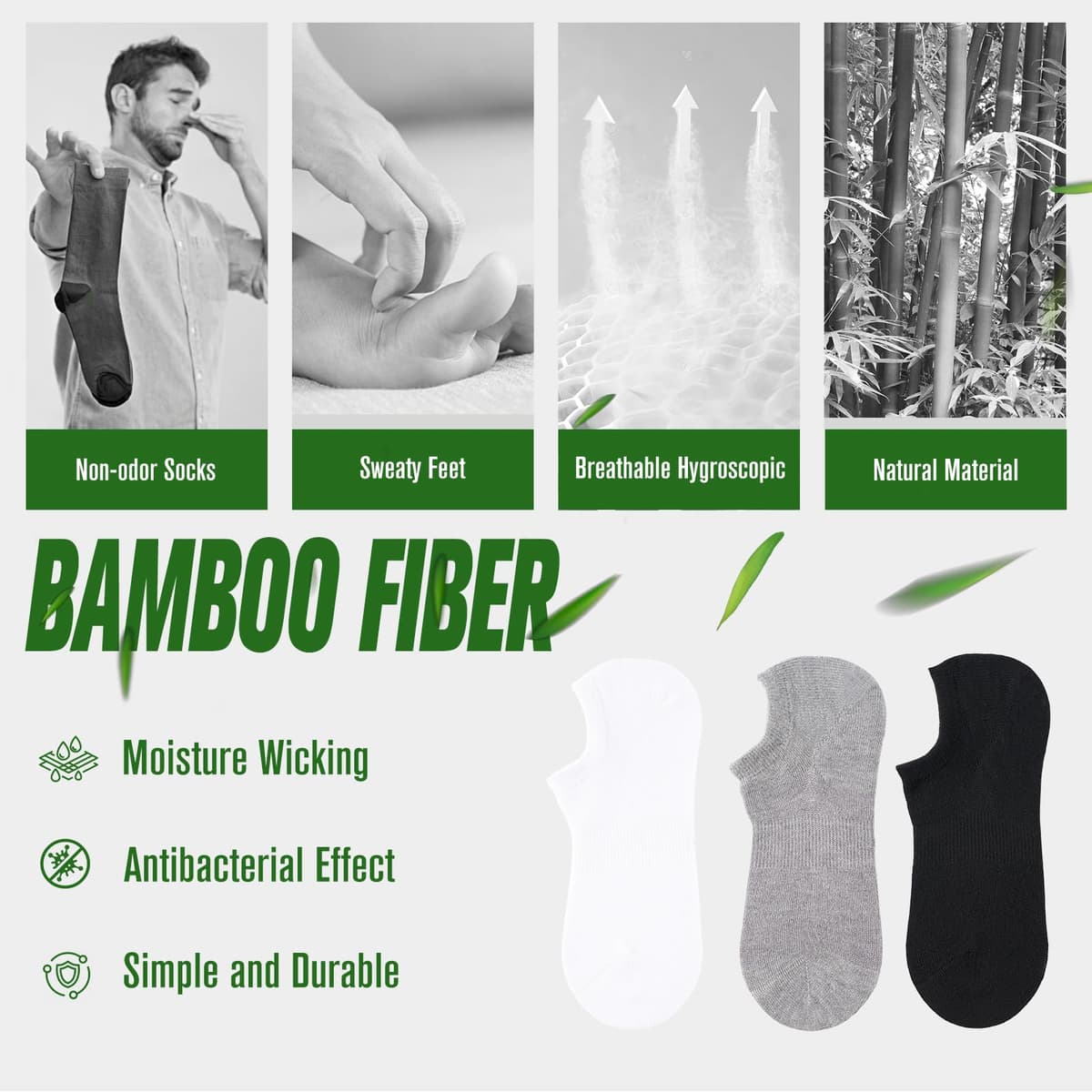 Niorasen Calcetines Invisibles Hombre y Mujer de Bambú 6 Pares, Pinkies Unisex Transpirables con Silicona Antideslizante, Calcetines Bajos para Zapatillas y Mocasines, Talla 35-50 — view 3
