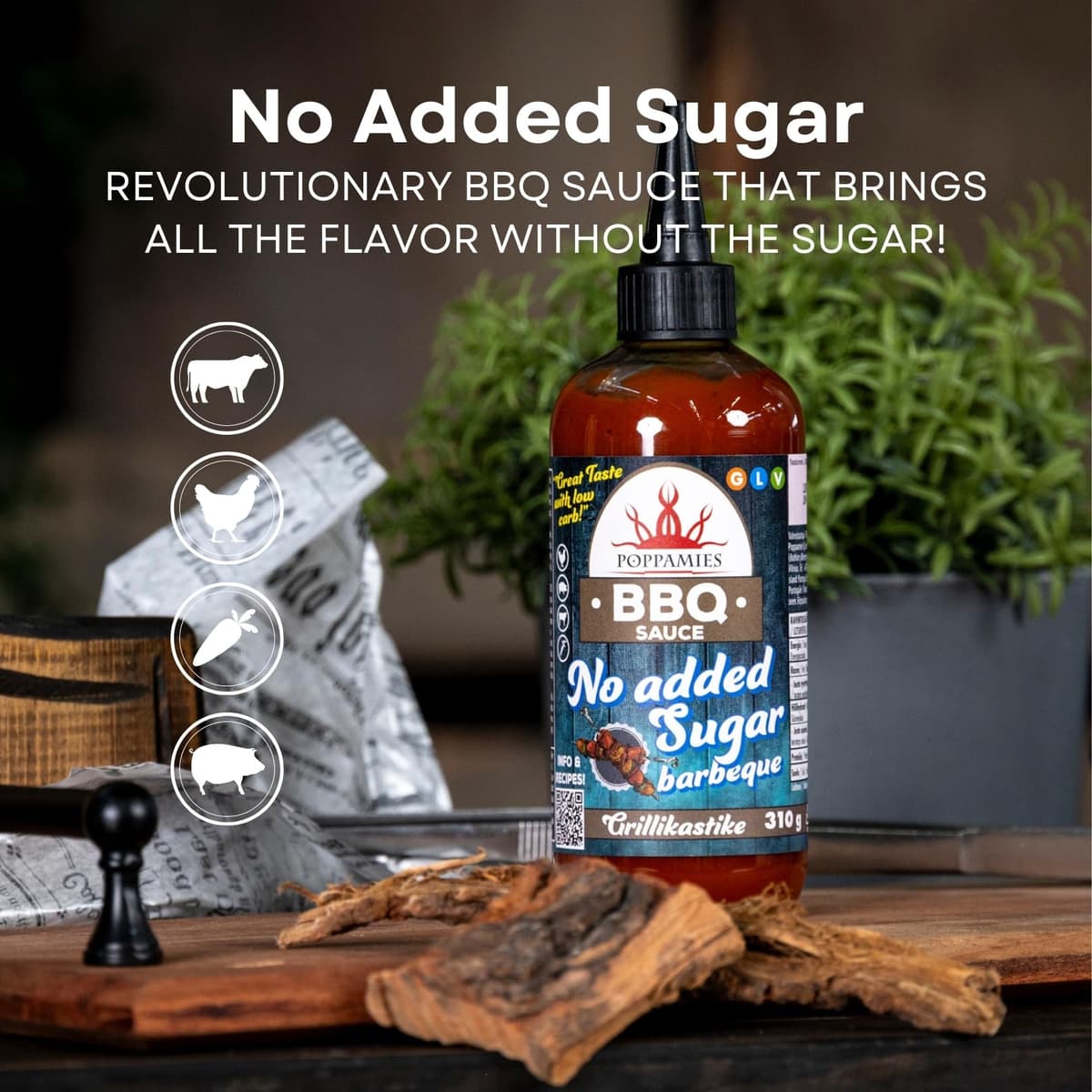 Salsa BBQ Poppamies Sin Azúcares Añadidos – Sabor Ahumado e Intenso Bajo en Carbohidratos – Sin Gluten, Sin Lactosa, Vegana – 310g — view 2