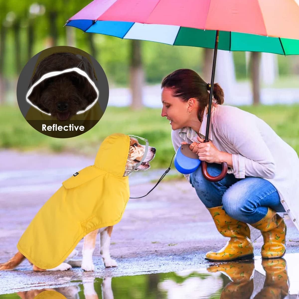 Lukovee Dog Raincoat, Adjustable Dog Rain Jacket with Clear Hooded Double Layer for Large Medium Small Dogs Puppies, Waterproof Rain Coat Poncho with Reflective Storage Pocket & Rim (Yellow,M) — view 8