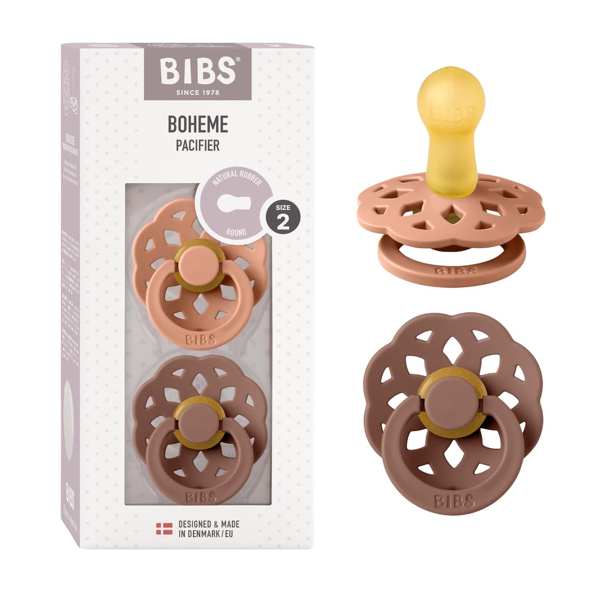 BIBS Boheme Soother 2-Pack. BPA Free. Round Nipple. Natural Rubber Latex, Made in Denmark. Size 2 (6-18 Months), Blossom/Dusky Lilac — view 39
