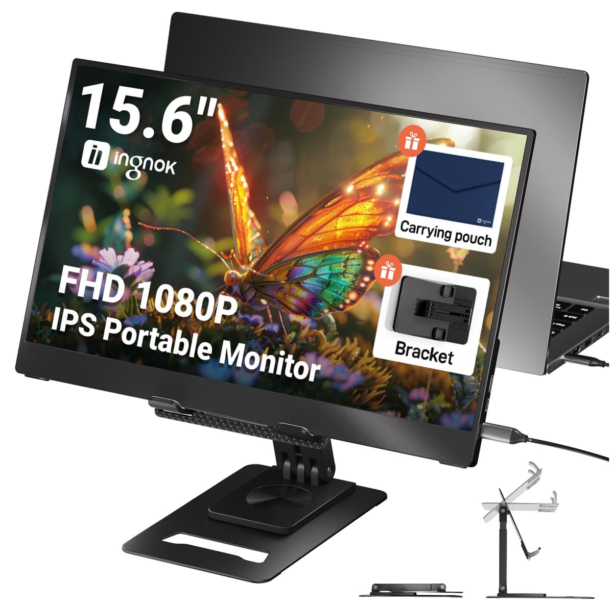 Ingnok 15.6" Portable Monitor, FHD 1080P IPS Ultra-Slim Travel Monitor with Kickstand, USB-C & Mini HDMI, External Second Screen for Laptop/PC/MacBook/Phone/Gaming Devices