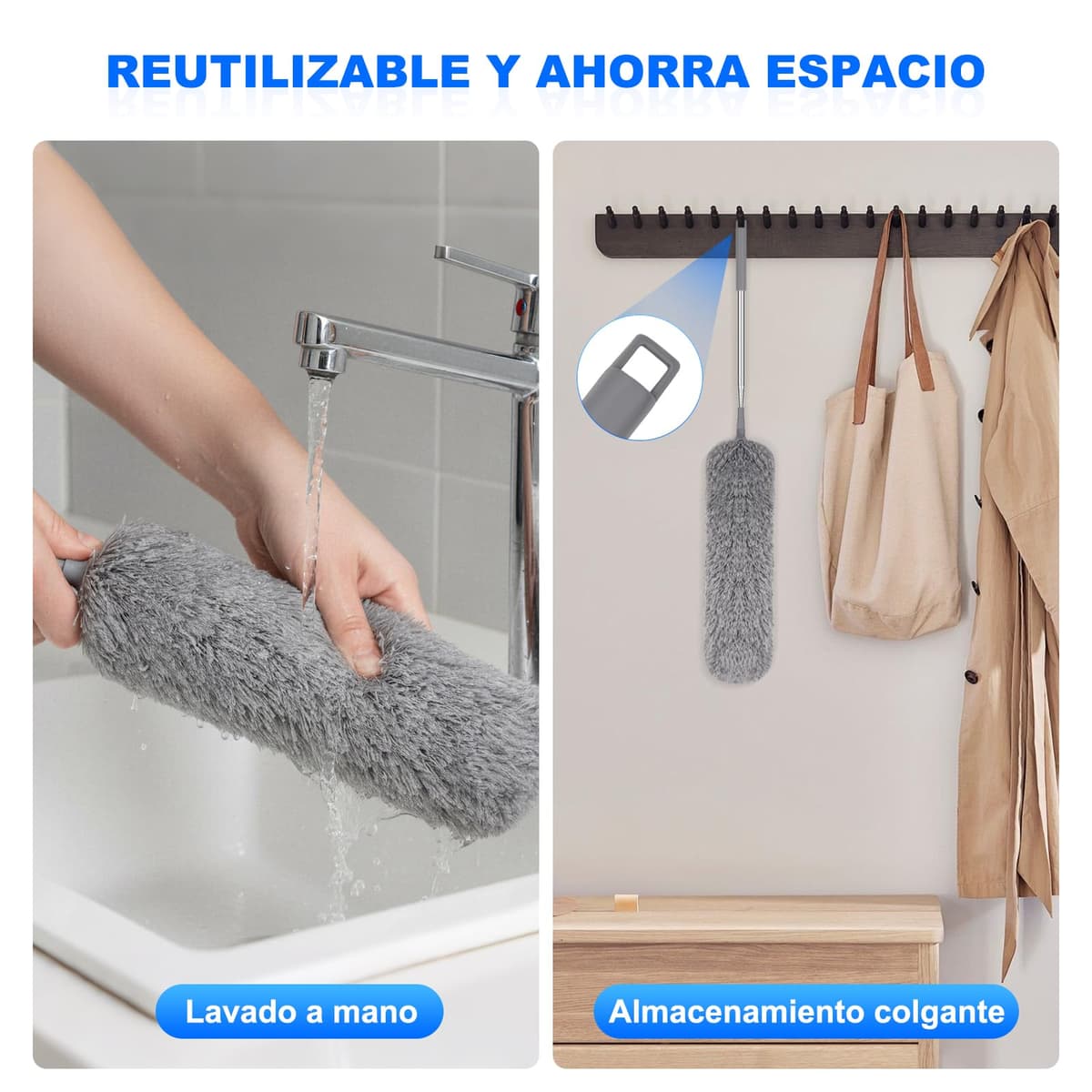 Apasiri Plumero de Plumas con Poste Telescópico Largo y 2 Cabezales de Microfibra Lavables, Herramienta de Limpieza Extensible para el Hogar, Techo y Zonas de Difícil Acceso, Sin Arañazos, Fácil de — view 5