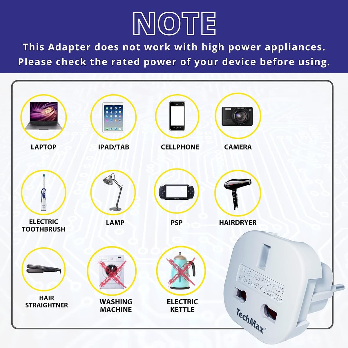 TechMax Pack of 5 UK to European Plug Adapter Type G to Type C,E,F for France, Spain, Turkey, Italy, Greece, Portugal, Germany, Poland, Asia - 3 Pin to 2 Pin Travel Adapter (White) — view 2