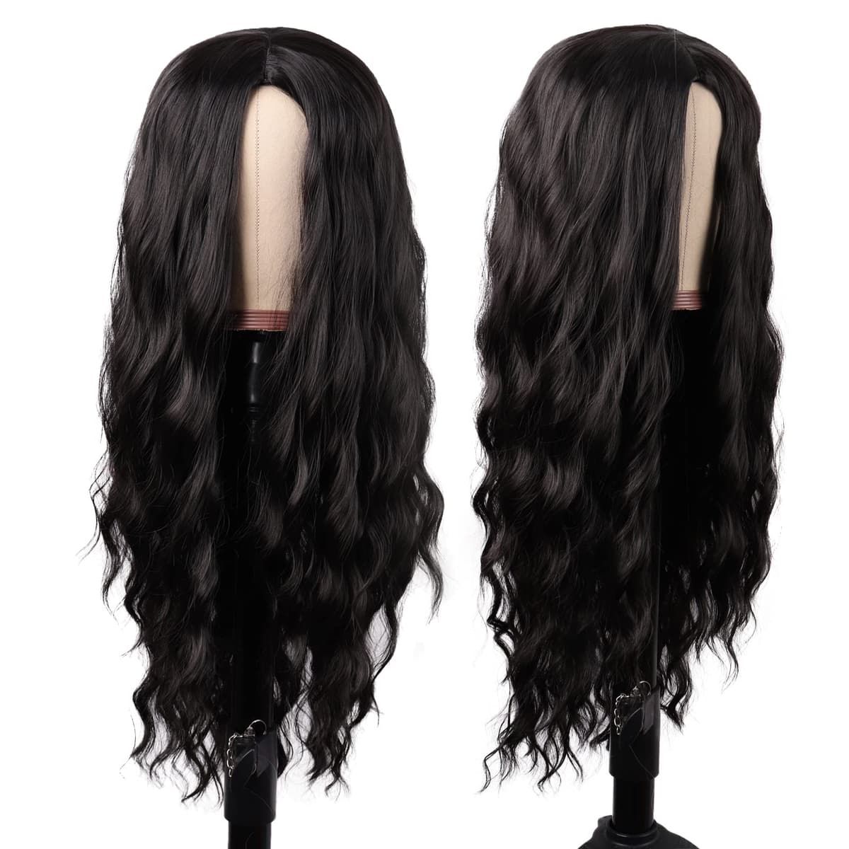 MapofBeauty 28 Pulgada/70 cm Largo Wavy Pelucas Middle Part Sintética Fibras Rizo Cabello Reemplazo Peluca Para Fiesta de Cosplay Diario (Negro) — view 5