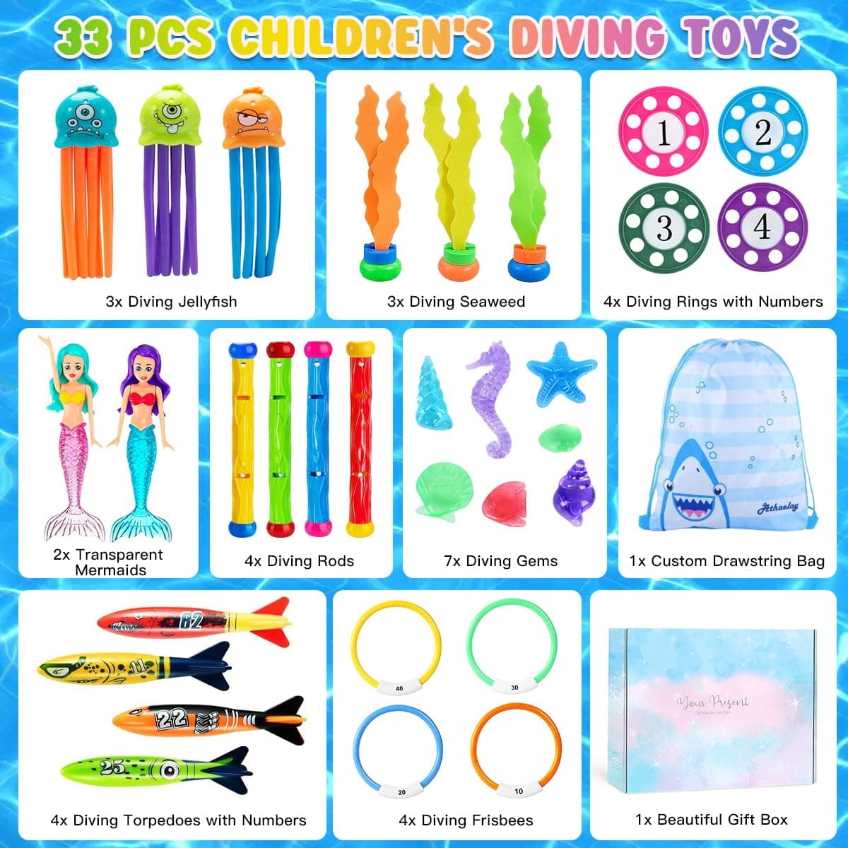 33 Piezas Juguetes de Buceo en Piscina, Juguete Subacuático para Niños, Conjuntos de Juguetes Natación Subacuática con Bolsa de Almacenamiento Juegos de Agua en Verano para Niños — view 2