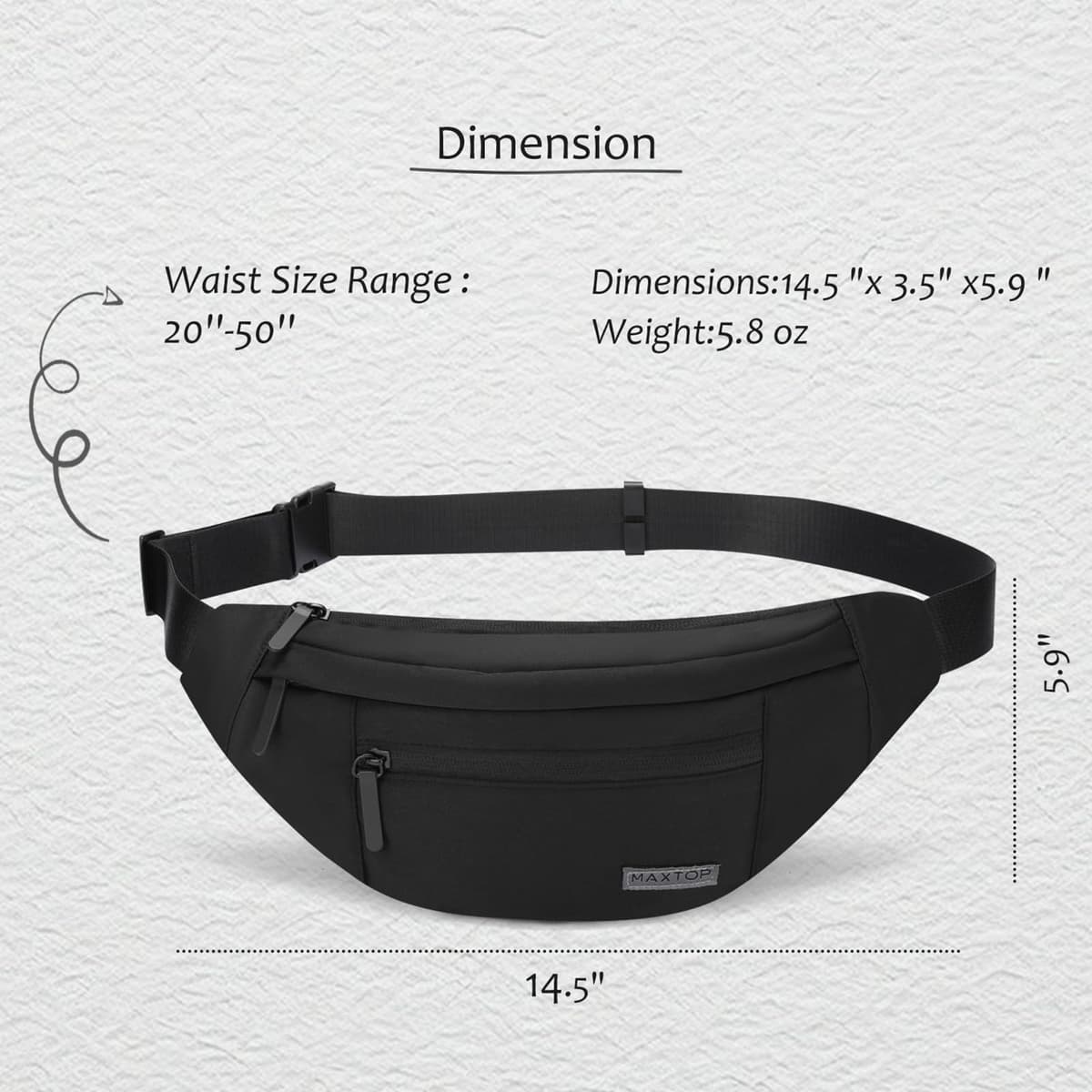 MAXTOP Black Bumbag Waist Fanny Pack for Men Women Bum Bag with 4-Zipper Pockets Travel Essentials for Outdoors Workout Hiking Running Cycling — view 5