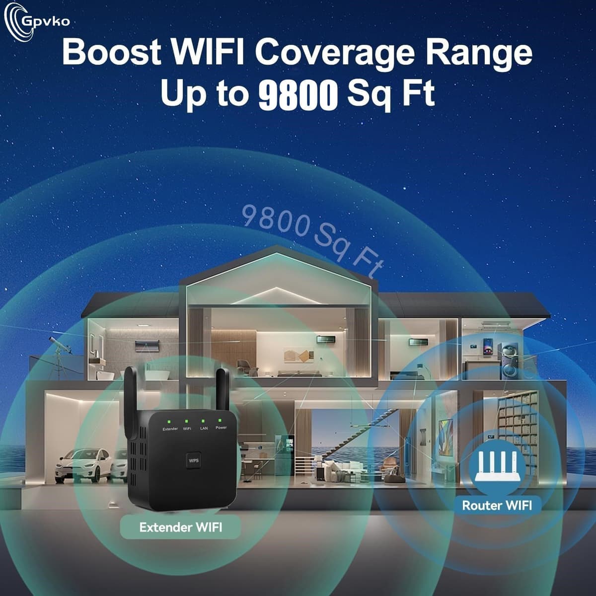 2026 WiFi Extender, WiFi Booster, WiFi Repeater, Covers Up to 9800 Sq.ft and 50 Devices, Internet Booster - with Ethernet Port, Quick Setup, Home Wireless Signal Booster（Black） — view 2