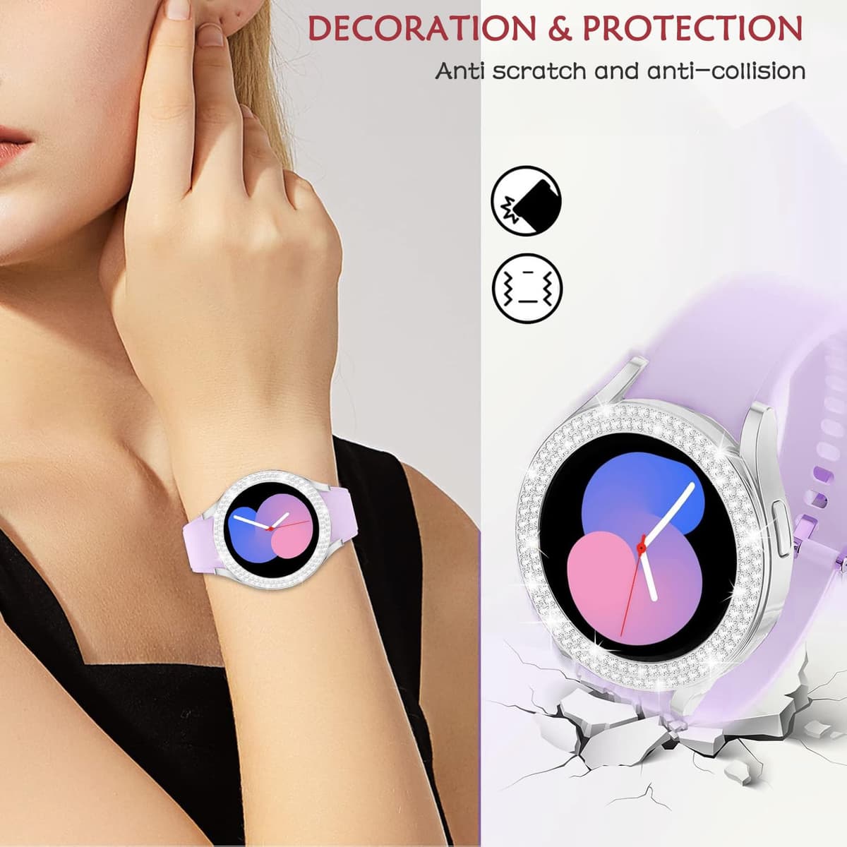 DEALELE [2-PACK] Case Compatible with Samsung Galaxy Watch FE / 5/4 40mm, Bling Double-row Diamond PC Protective Case Protector Cover, 40mm, Silver + Transparent — view 3