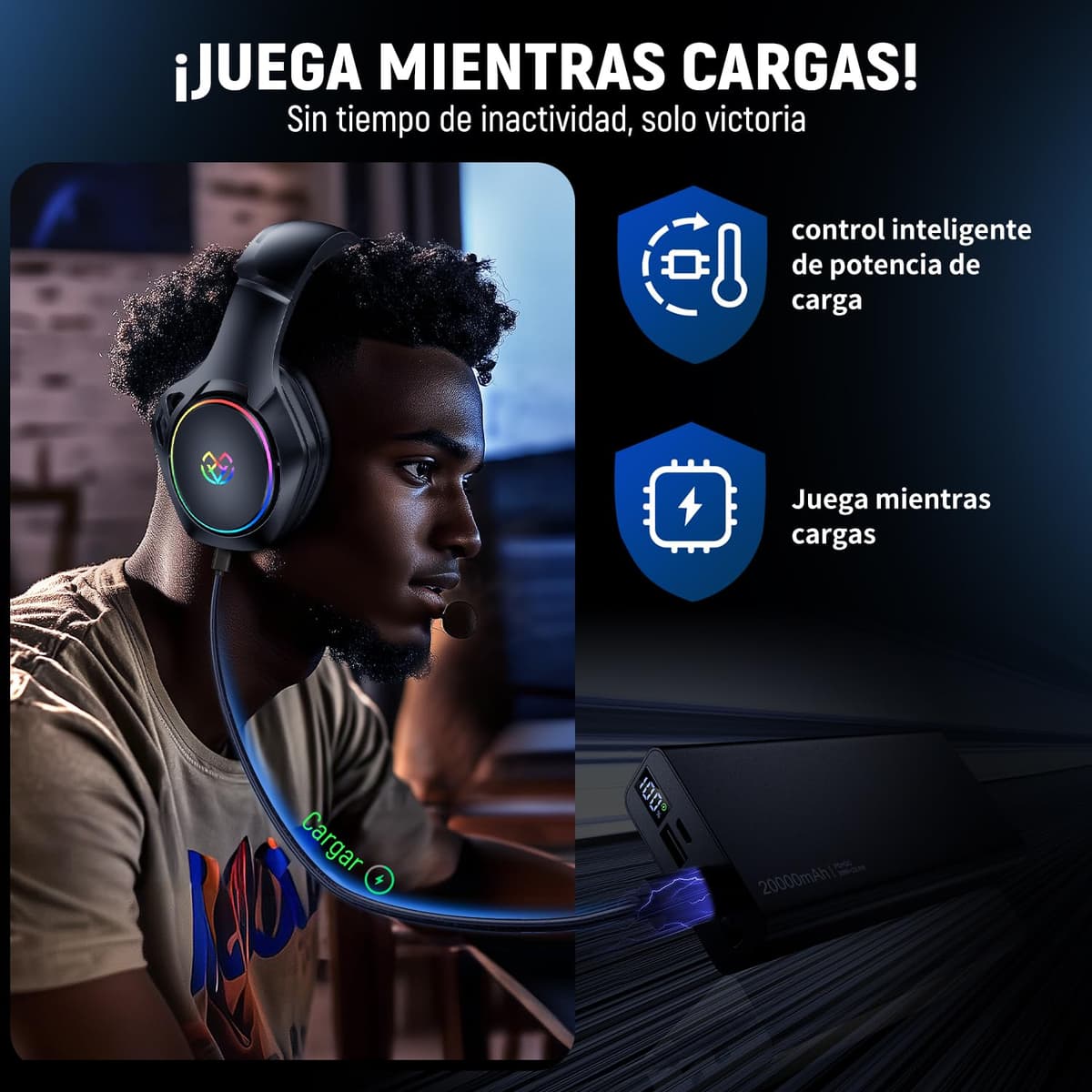 Tatybo Cascos Gaming Inalámbricos para PC/Ps5/Ps4, Auriculares Gaming Inalámbricos con 2,4 GHz+Bluetooth 5,3 Modo Dual, 7.1 Sonido Envolvente, Duración 40Hr+ — view 5