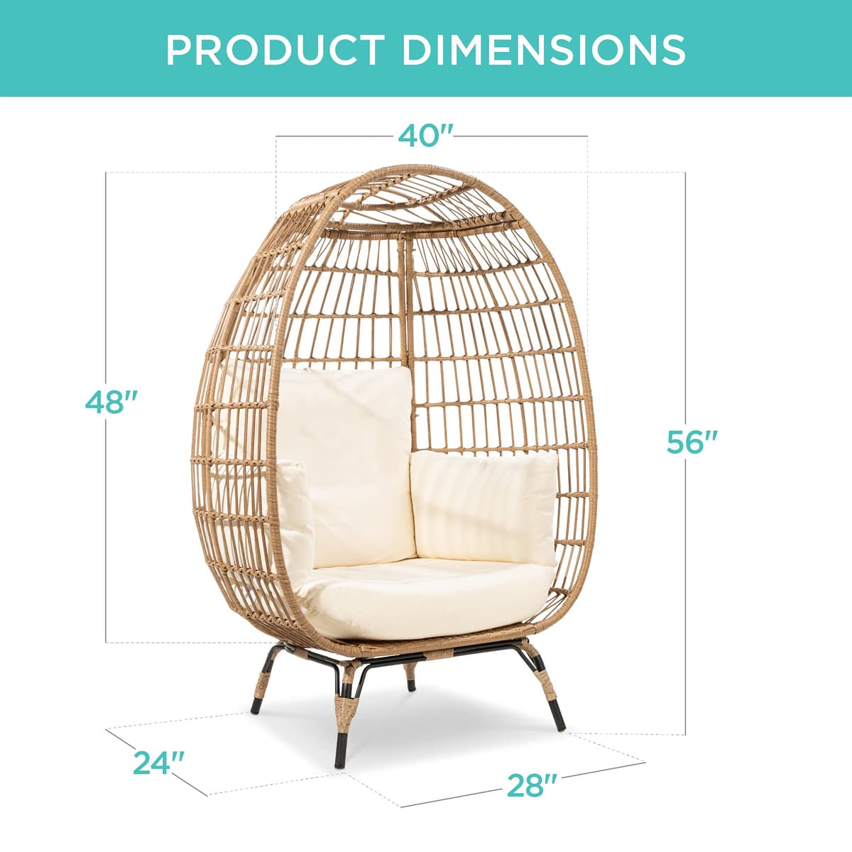 Best Choice Products Wicker Egg Chair, Oversized Indoor Outdoor Lounger for Patio, Backyard, Living Room w/ 4 Cushions, Steel Frame, 440lb Capacity - Ivory — view 3