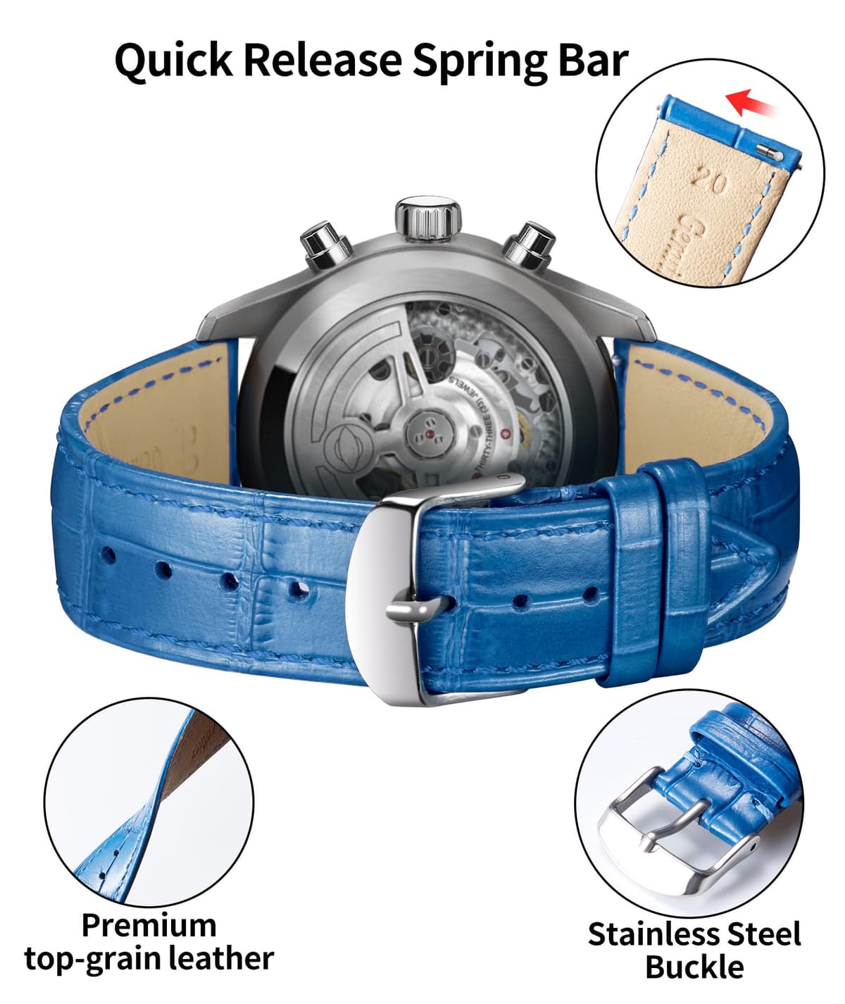 BINLUN Quick Release Leather Watch Straps Replacement Watch Bands Smart Watch Strap Crocodile Pattern in 10 Colors 13 Sizes with Silver/Gold/Rose-Gold Buckle for Men Women(10mm-24mm) — view 126