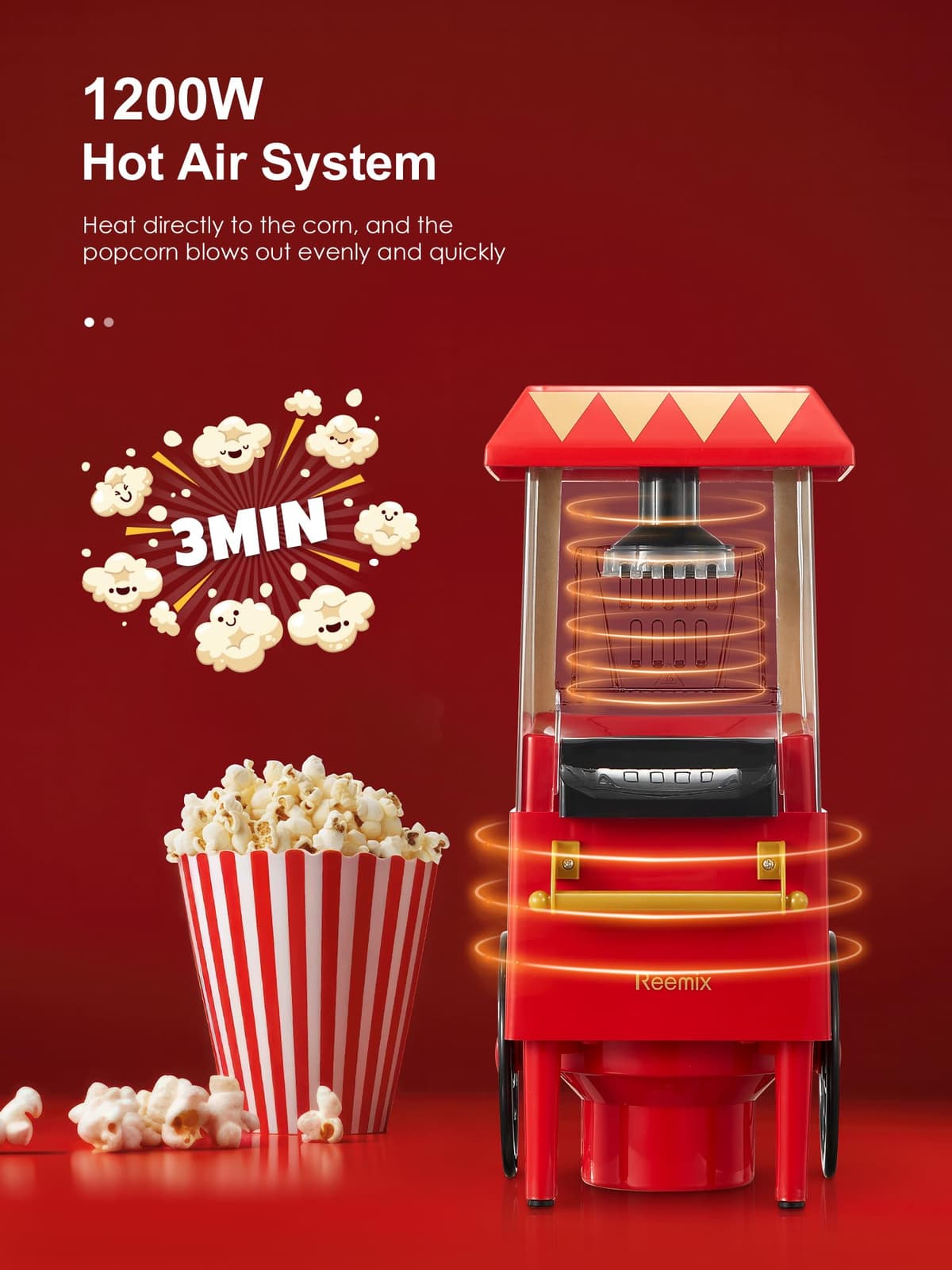 Popcorn Maker, Reemix Popcorn Machine, Retro Design, 1200W Popcorn Machine without Oil or Butter, Easy to Use and Clean, Safe and Durable, Ideal for Parties — view 4