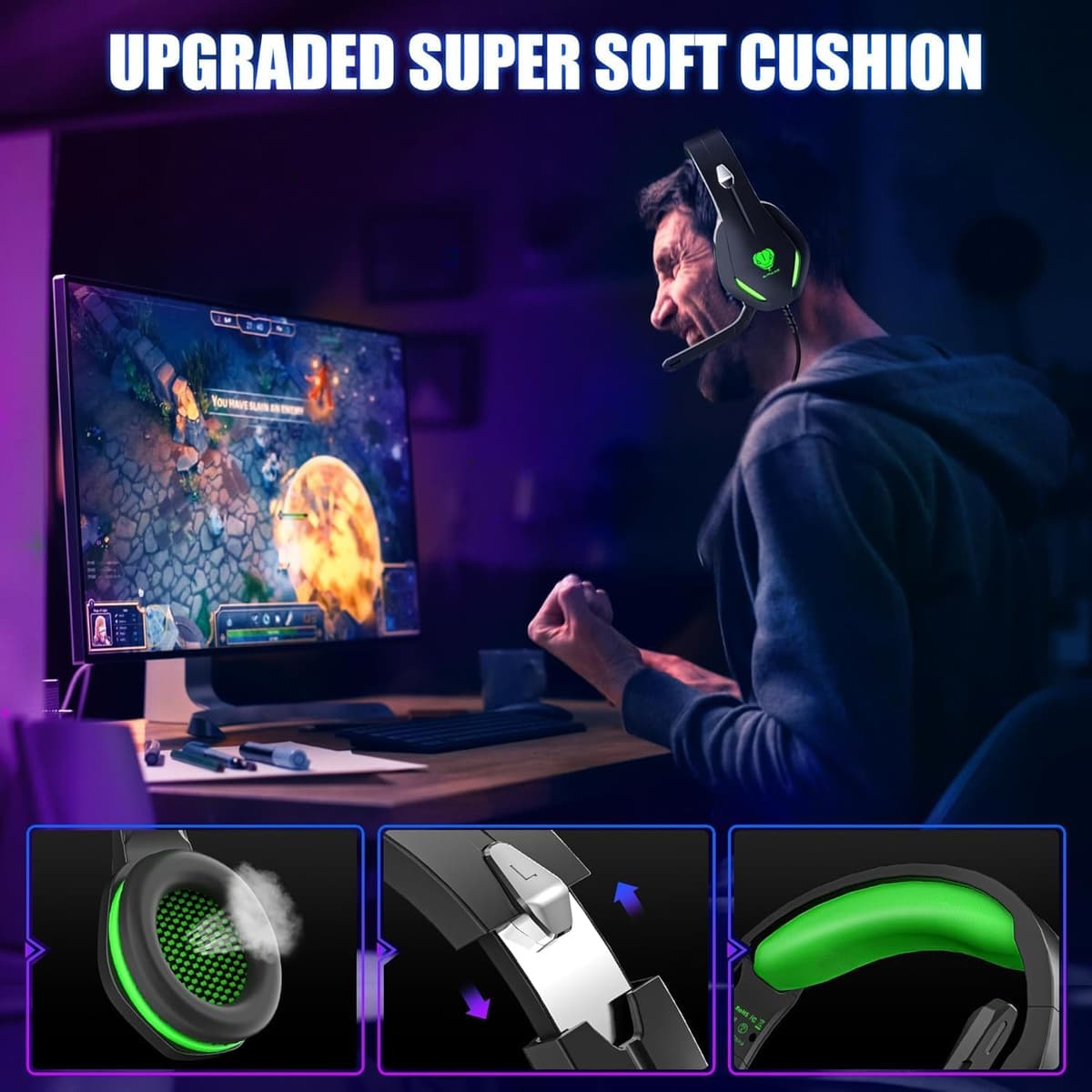 Gaming Headset with Microphone for Xbox PS5 PS4 PC - 3.5mm Jack Wired Headphones with Noise Cancelling Mic & LED - 50mm Audio Drivers & Soft Earpads Black Green — view 3
