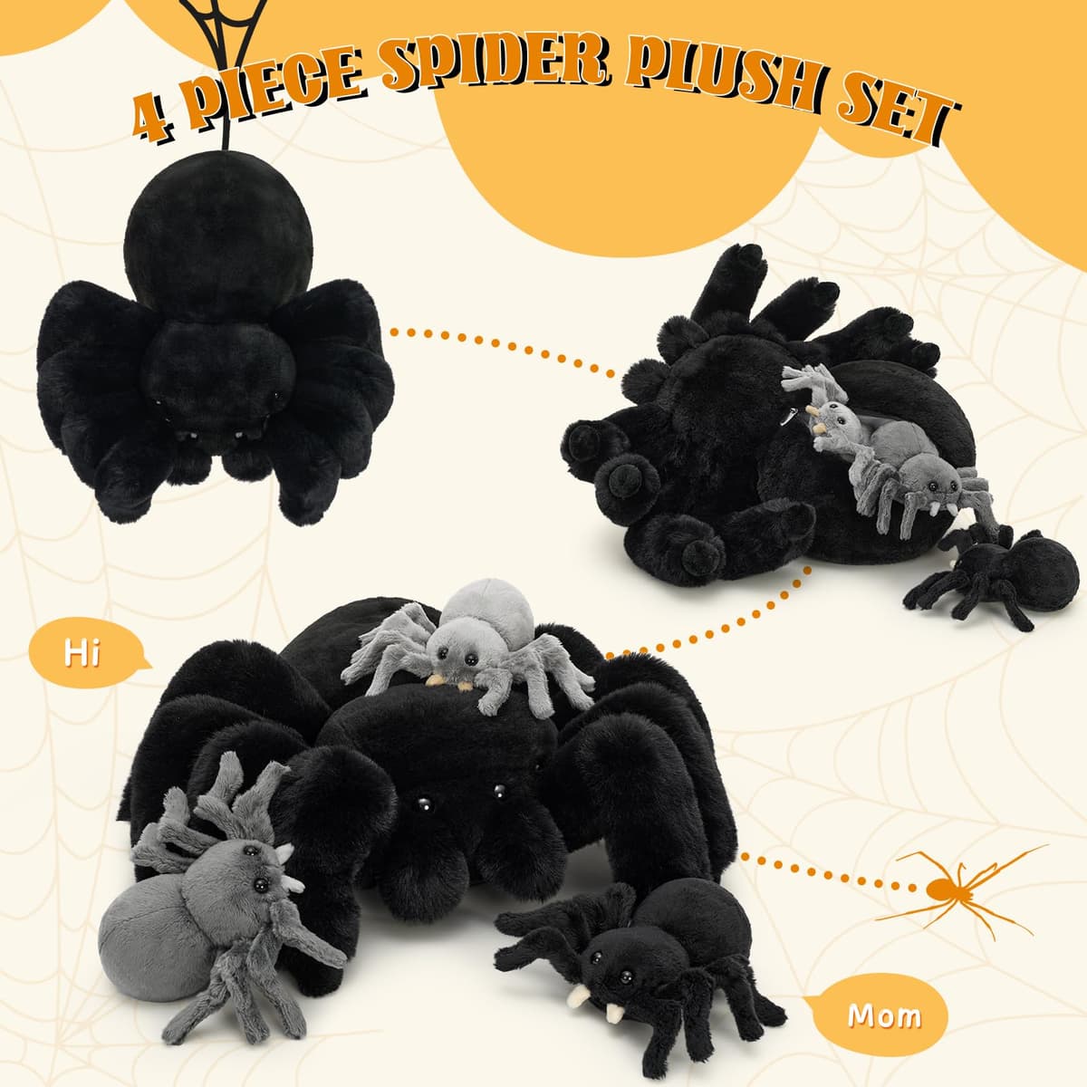 MorisMos Big Spider Teddy Soft Toy, 40cm Large Black Spider with 3 Cuddly Baby Inside, Giant Fluffly Stuffed Animal, Realistic Kawaii Plush Gift for Kids Birthday — view 4