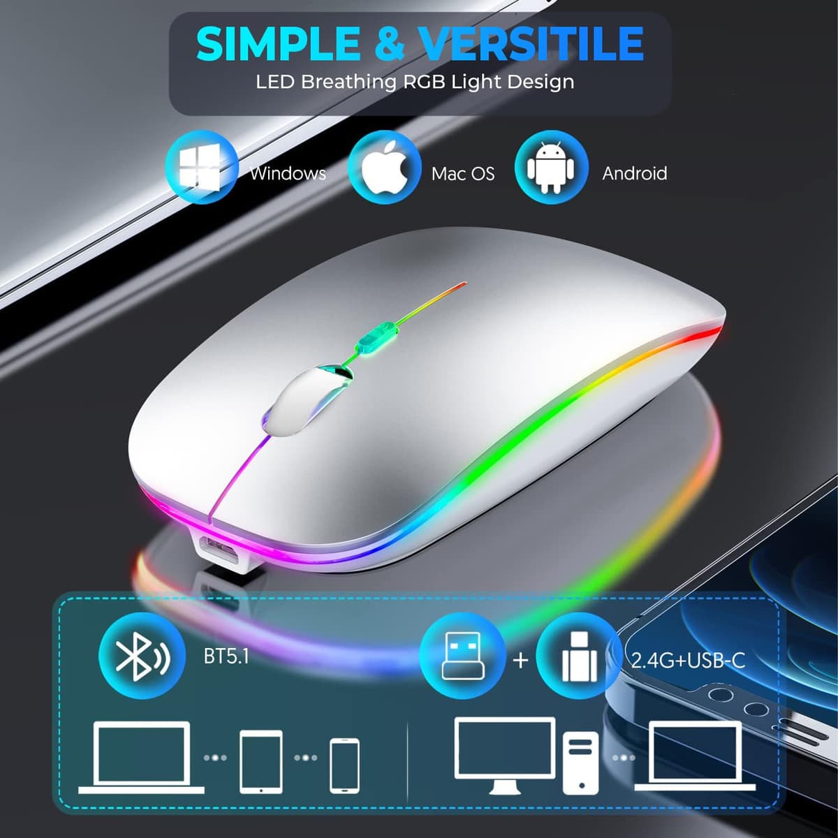 Wireless Mouse for Laptop With 2 USB A to USB C Adapter, 2.4GHZ Bluetooth Mouse Rechargeable, US B Mouse 3 Buttons-Laptop Mouse Wireless PC Mous e 800 to 2400 Dpi, Lapto p Mouse Computer Accessories — view 3