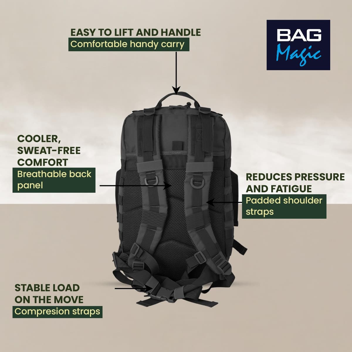 Military Tactical Backpack 21L – Heavy Duty Multi-Pocket MOLLE Rucksack with 180° Opening, Padded Breathable Back Panel, Adjustable Straps & Durable Zip Storage for Travel, Gym & Outdoor Use – Black — view 4
