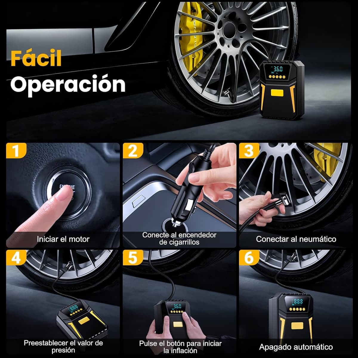 Inflador Ruedas Coche - Compresor Aire Portatil 12V DC, Compresor Aire Coche 150PSI con Linterna - para Coches/Motos/Bicicletas/SOS Emergencia, Presión Preestablecida y Apagado Automático — view 9