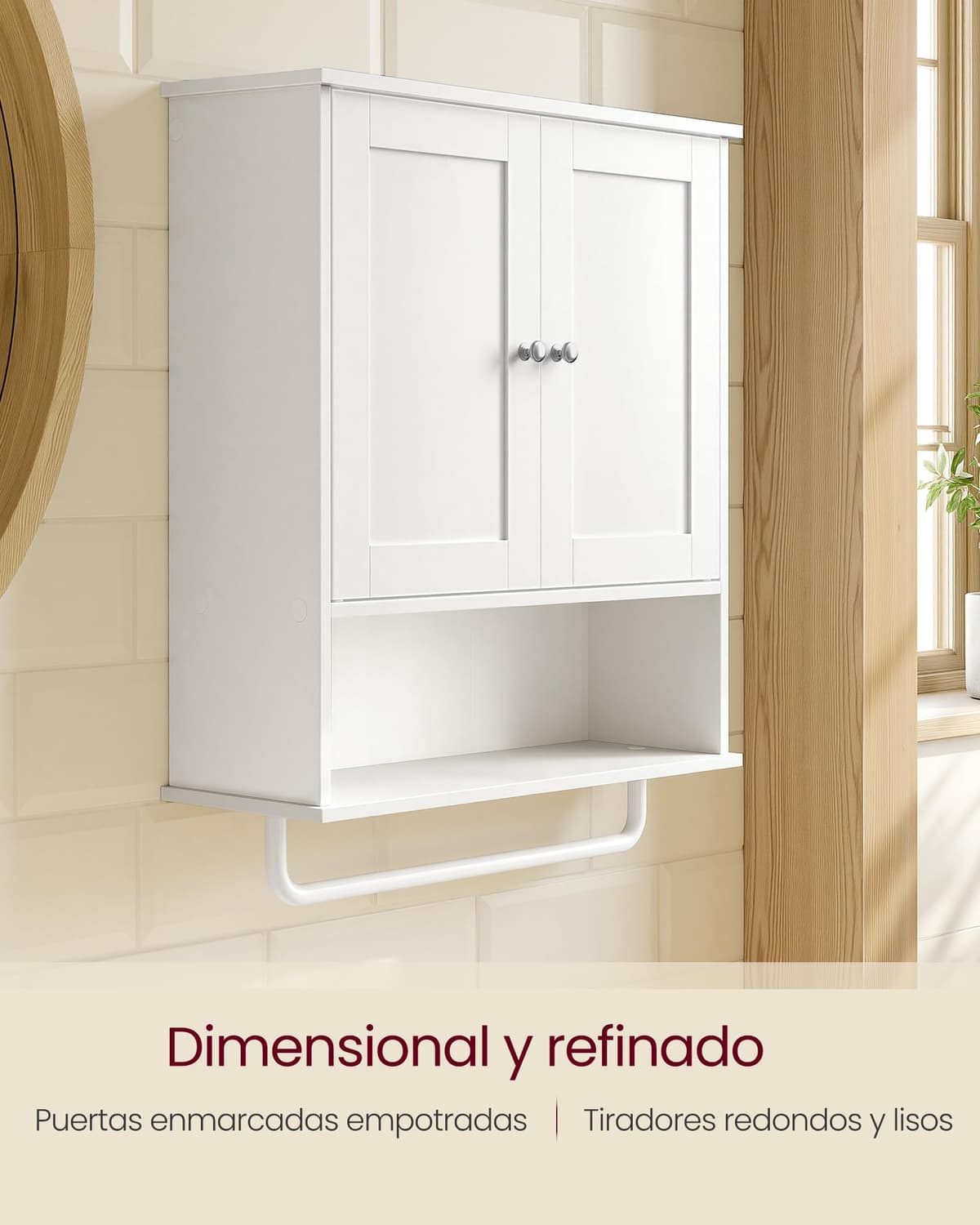 VASAGLE Siren Colección - Mueble de Baño Colgante con Barra para Toallas, Armario de Pared con Estante Abierto, Estante Ajustable y Puertas, Estilo Rústico, Blanco Nube BBK149WB01 — view 5