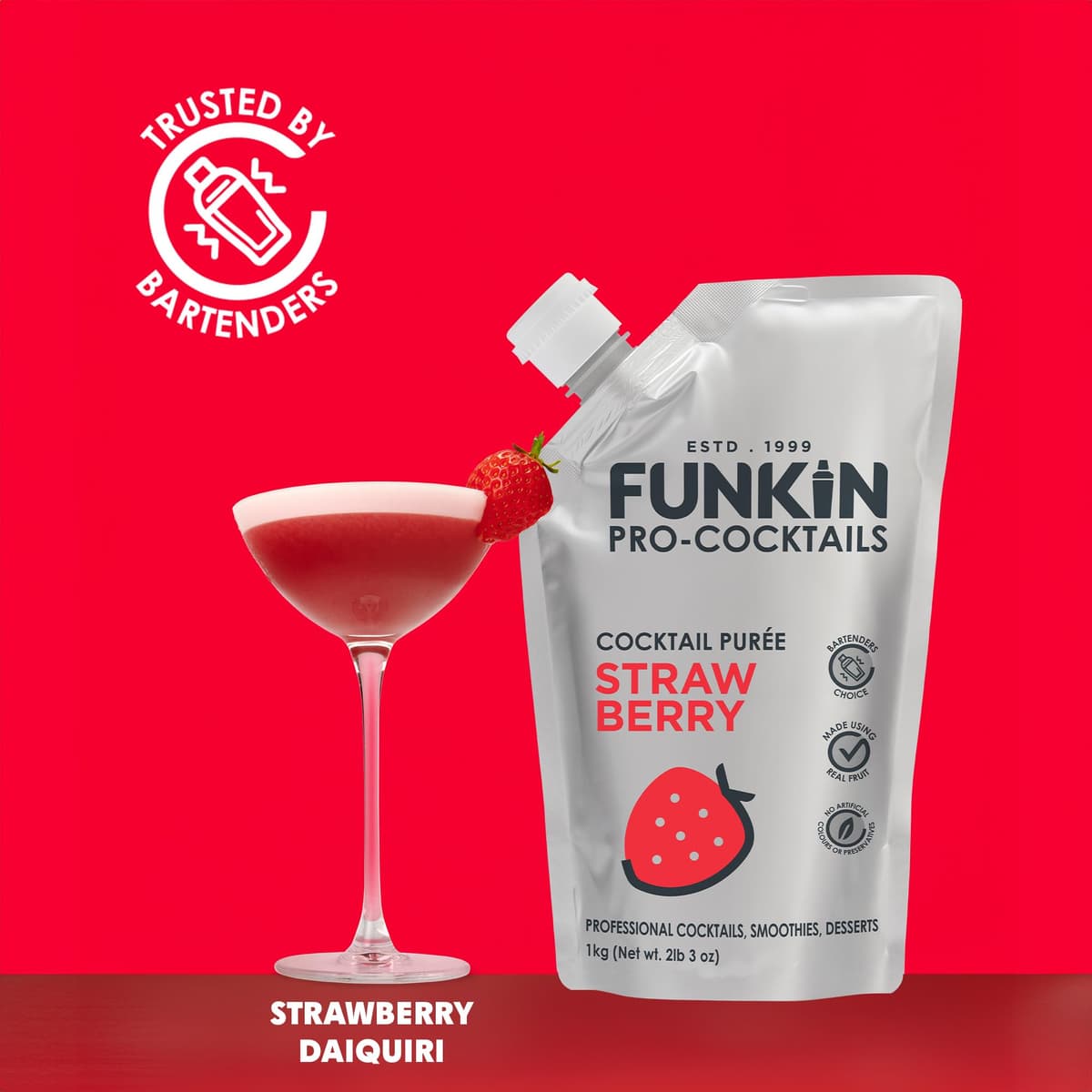 FUNKIN Strawberry Puree Cocktail Mixer | Made with Real Fruit | Fresh Fruit Puree for Professional Cocktails, Smoothies, & Desserts | 0% ABV | Resealable Pouch | 1kg, Pack of 5 — view 5