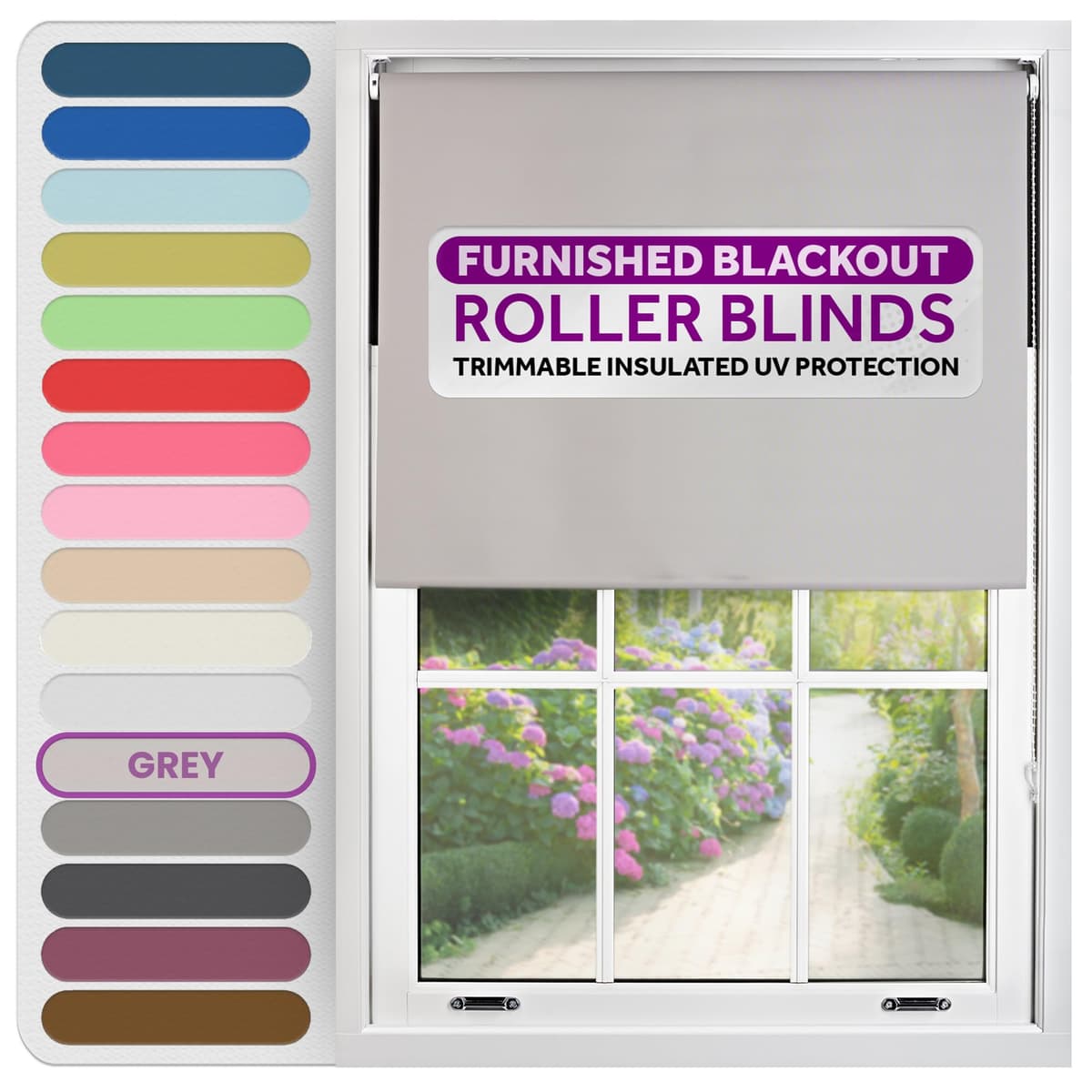 FURNISHED Roller Blinds Thermal Blackout Roller Blind - Trimmable Insulated UV Protection Child Safe Easy Fit Home Office Window Blinds, Grey, 85 cm Wide x 165 cm Long