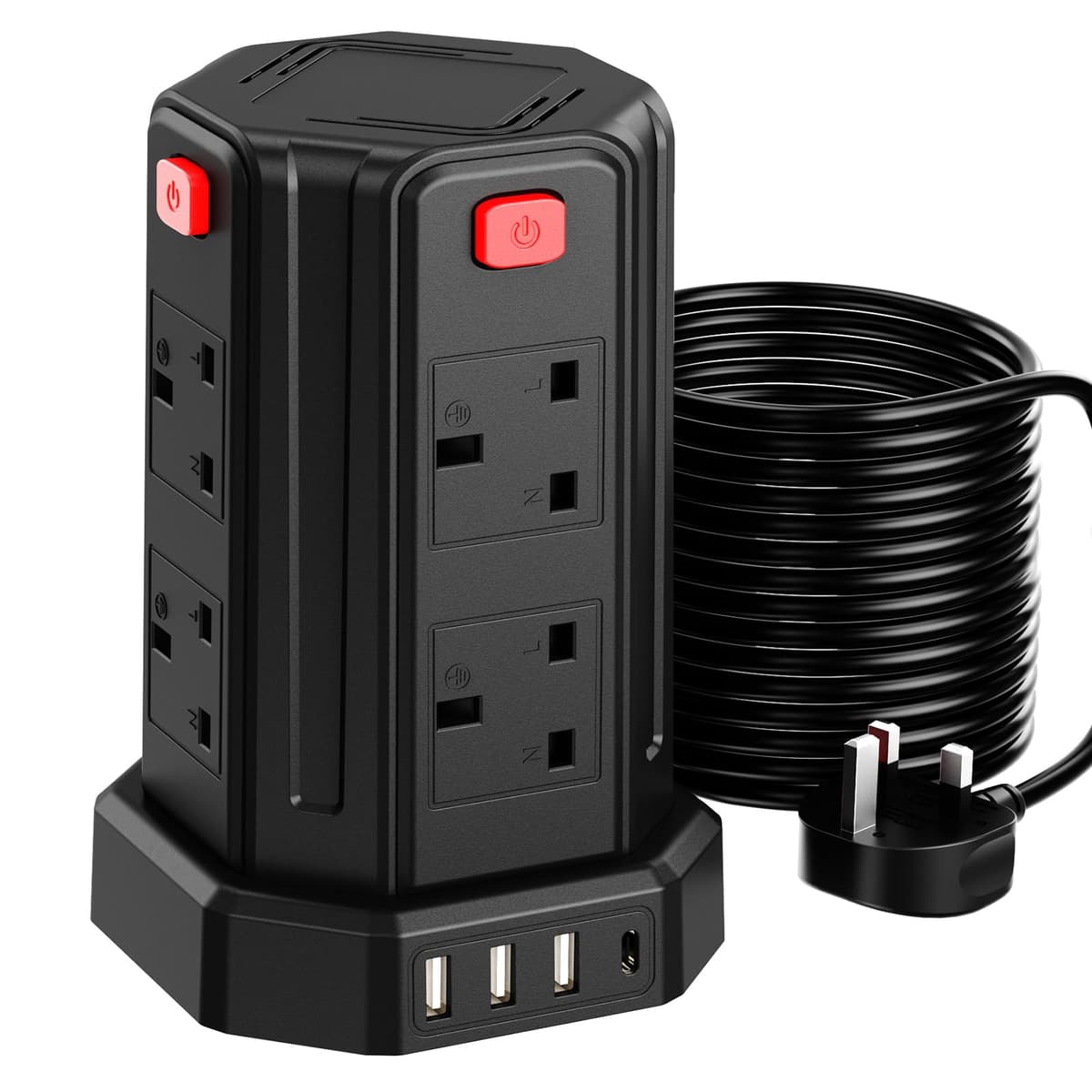 Tower Extension Lead 3M (3250W 13A) Extension Tower 8 AC Outlets & 4 USB Ports, Surge Protection Extension Lead with 4 Independent Switch, 17W USB C Ports Extension Cable 3M for Office, Home, Kitchen — view 15