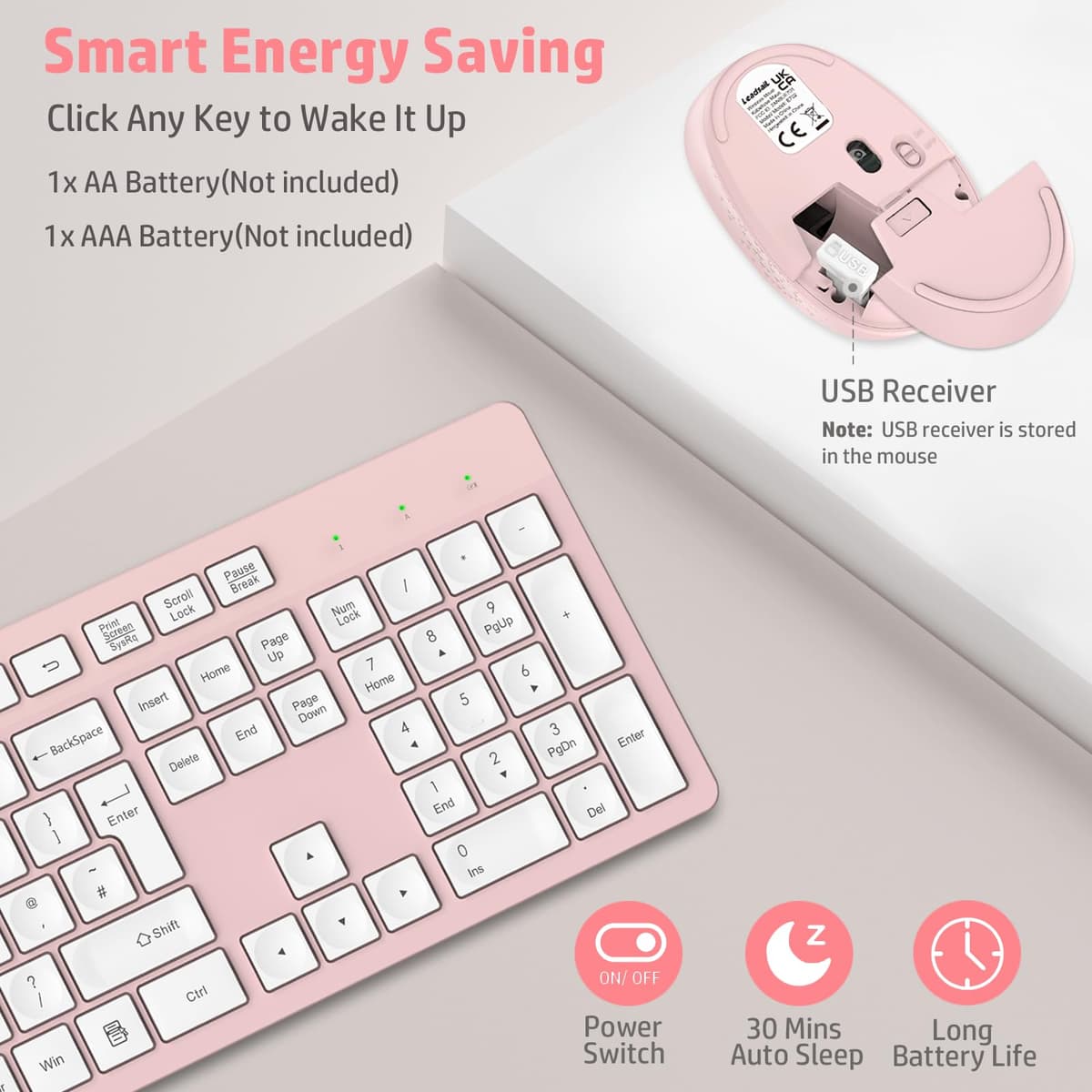 LeadsaiL Wireless Keyboard and Mouse Set, 2.4GHz USB Computer Keyboards and Mouse Combo, Ergonomic Design with 12 Multimedia Shortcuts for HP/Lenovo Laptop and Mac-Pink — view 3