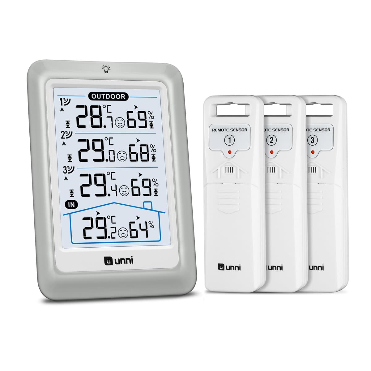 Termómetro inalámbrico para interiores y exteriores con 3 sensores, pantalla de 4.5 pulgadas, alcance de 100 m y retroiluminación Ajustable
