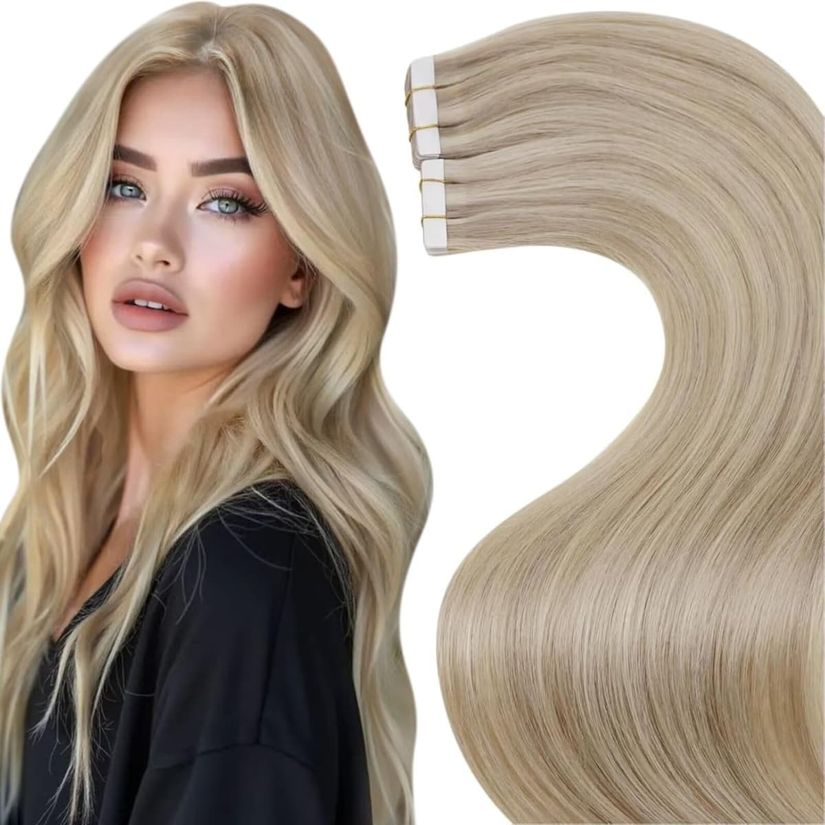 LaaVoo Tape in Hair Extensions Human Hair Blonde Tape Hair Extensions Real Human Hair Invisible Tapes Remy Straight Balayage Brown to Blonde Hair Double Sided Tabs 20pcs 50g 16 Inch #8/18/60 — view 17