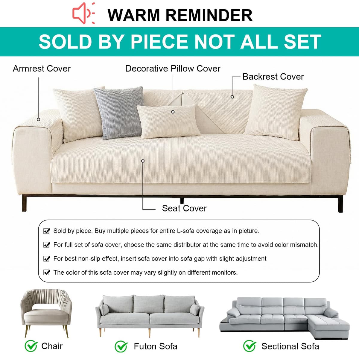 SHANNA Chenilla Suave Funda Sofa Chaise Long 1 2 3 4 Plazas Protector Cubre Sofa, Nuevas Antideslizantes Universales Fundas de Sofá con Textura Gruesa Sólida para Sala de Estar (Blanco, 90 * 120cm) — view 2