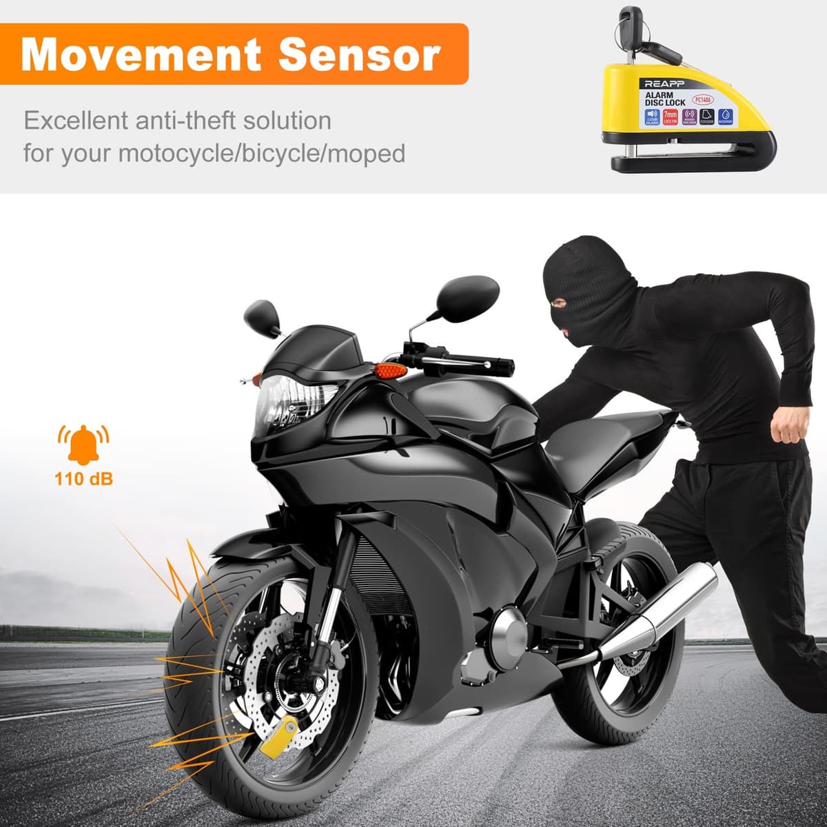 REAPP Alarm Disc Lock Motorbike Lock, Disc Brake Lock 110db with Reminder Cable and Carry Pouch, High Security Disc Lock for Motorcycle Bike Moped Motocross — view 2