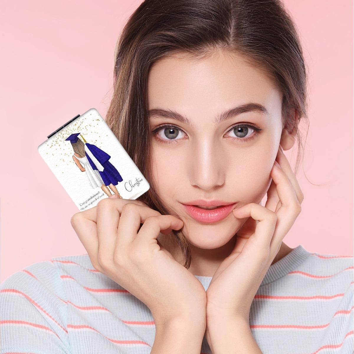 Portable Makeup Mirror, Mini Folding Rectangular Handheld Mirror Double Sided Magnifying Mirror, Campus Style Graduation Season Design, Lightweight and Compact for Travel and Various Occasions — view 2