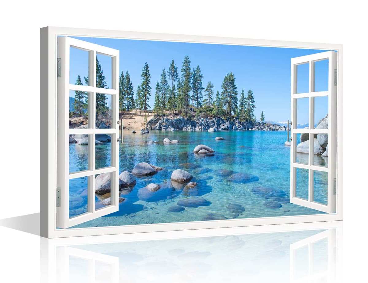 TISHIRON 3D Window View Seaside Effect Canvas Wall Art Prints for Living Room Bedroom Decor Office Kitchen Home Decoration Framed Ready to Hang 12x18inch — view 13