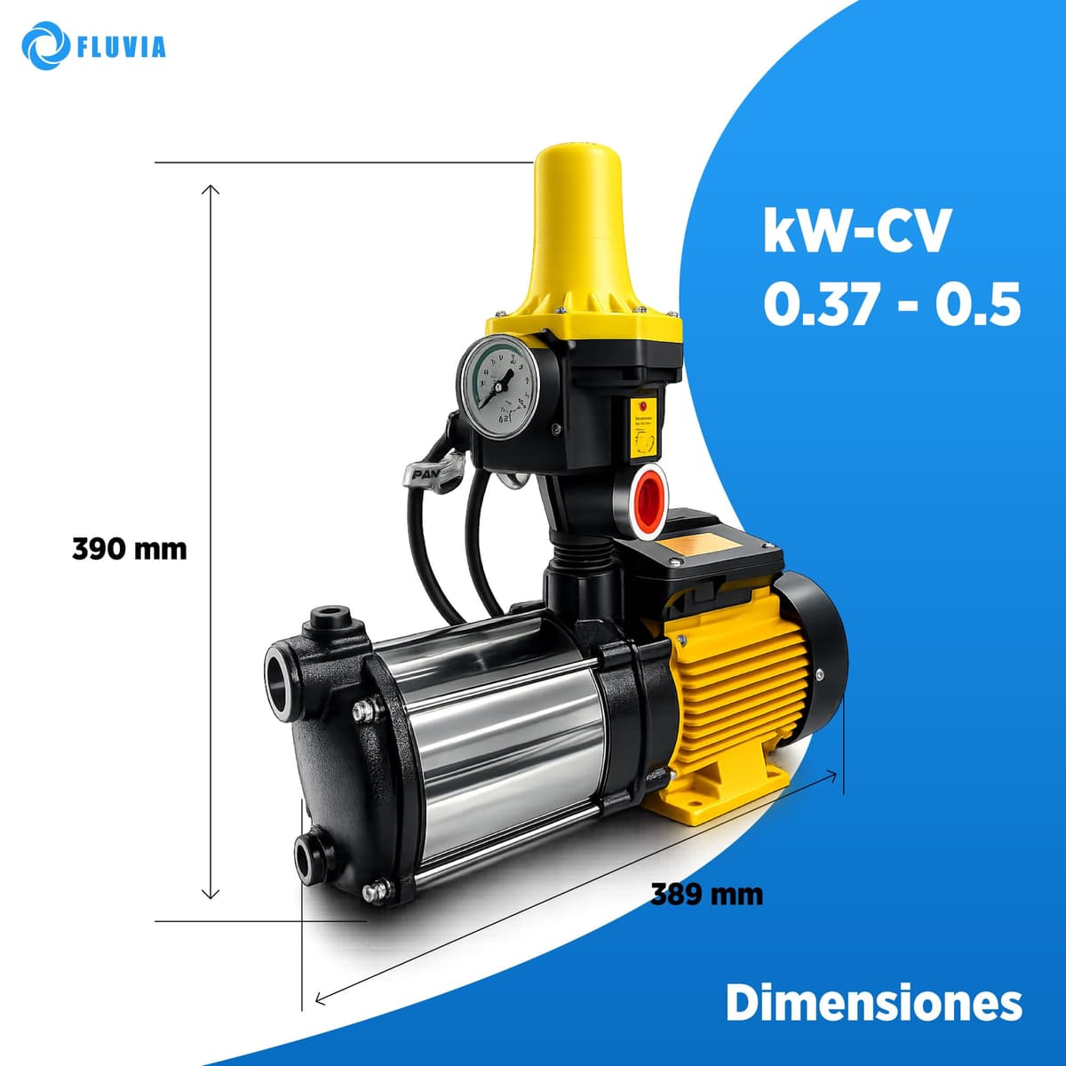 Grupo de Presión de Agua Automático con Controlador – Bomba de Agua Presurizadora Doméstica para Casa, Jardín y Riego, Sistema Automático de Presión 0.37 kW - 0.5 CV · Fluvia — view 2