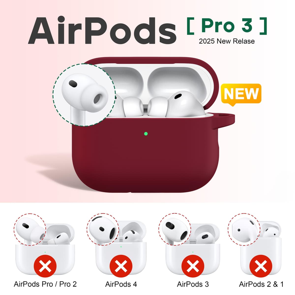 R-fun Funda para AirPods Pro 3 (2025), Funda Protectora de Silicona Suave Compatible con Apple AirPods Pro 3 generación para Mujeres y Hombres, con Kit de Limpieza/Llavero, Rojo Vino — view 2